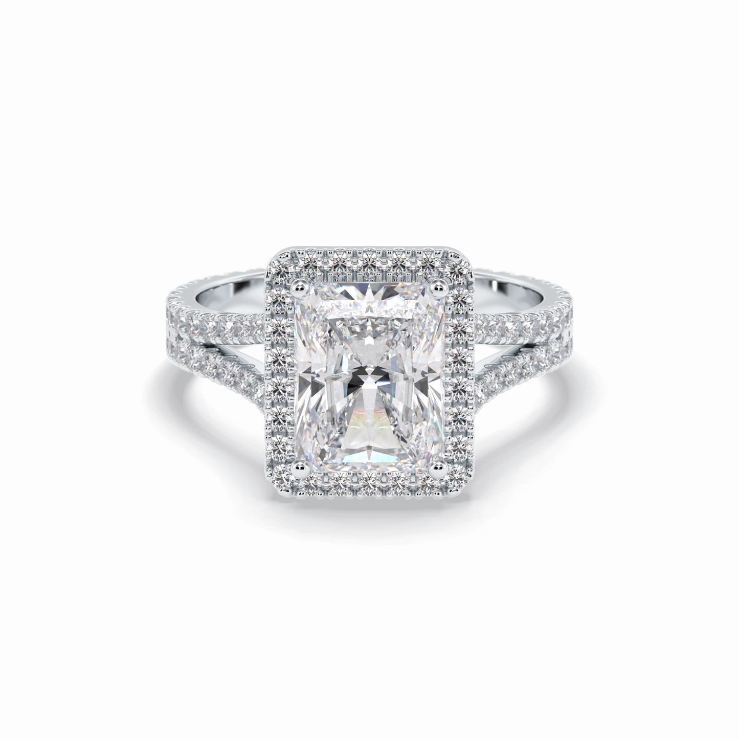 3.05 CT Radiant Cut Halo, Pave & Split Shank Style Moissanite Engagement Rings