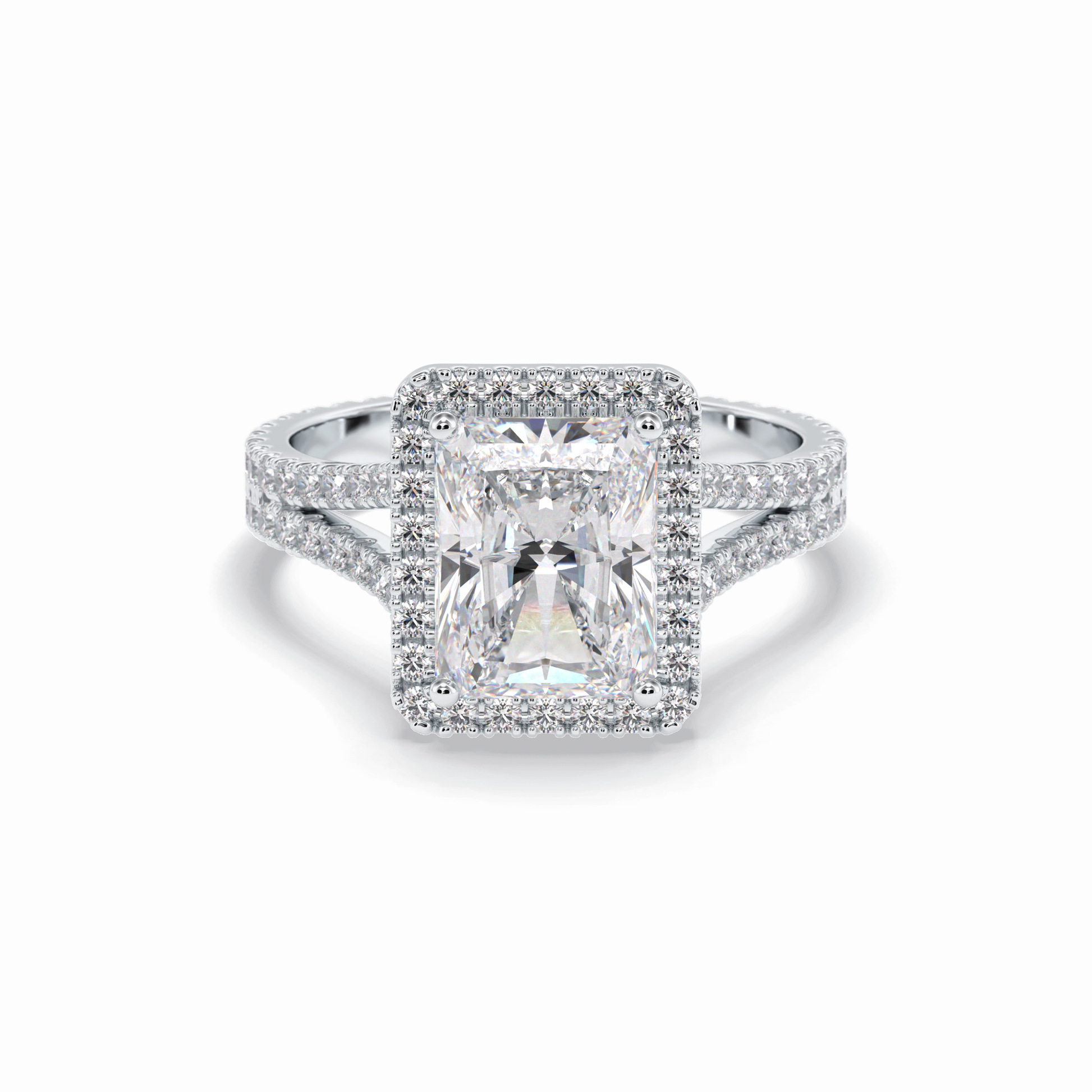 3.05 CT Radiant Cut Halo, Pave & Split Shank Style Moissanite Engagement Rings