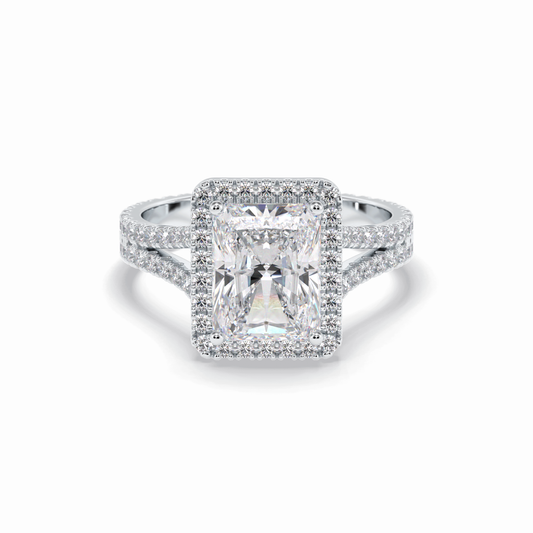 3.05 CT Radiant Cut Halo, Pave & Split Shank Style Moissanite Engagement Rings