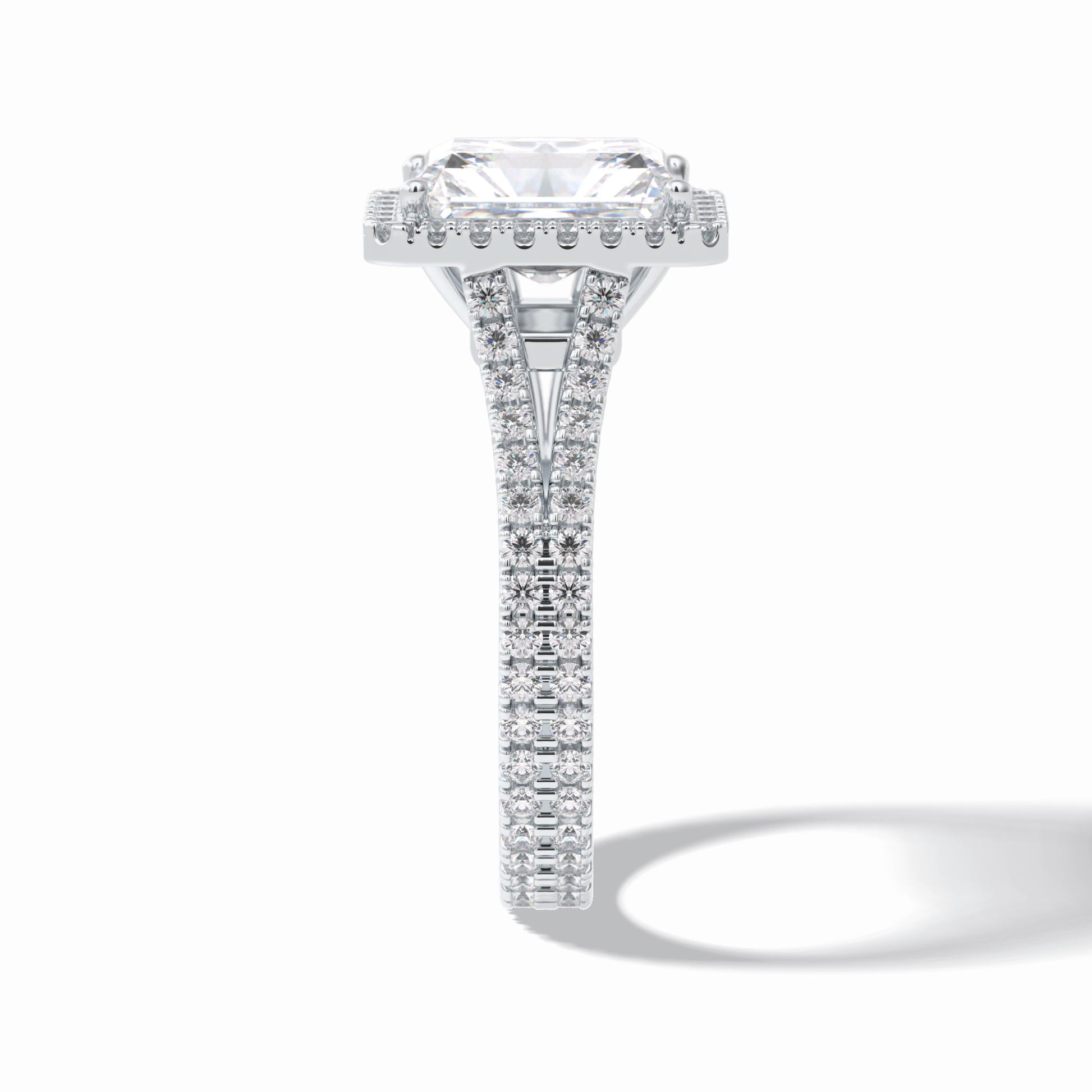 3.05 CT Radiant Cut Halo, Pave & Split Shank Style Moissanite Engagement Rings