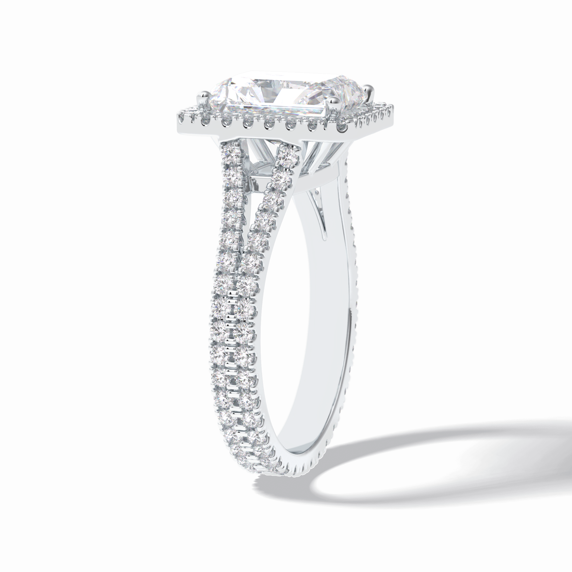 3.05 CT Radiant Cut Halo, Pave & Split Shank Style Moissanite Engagement Rings