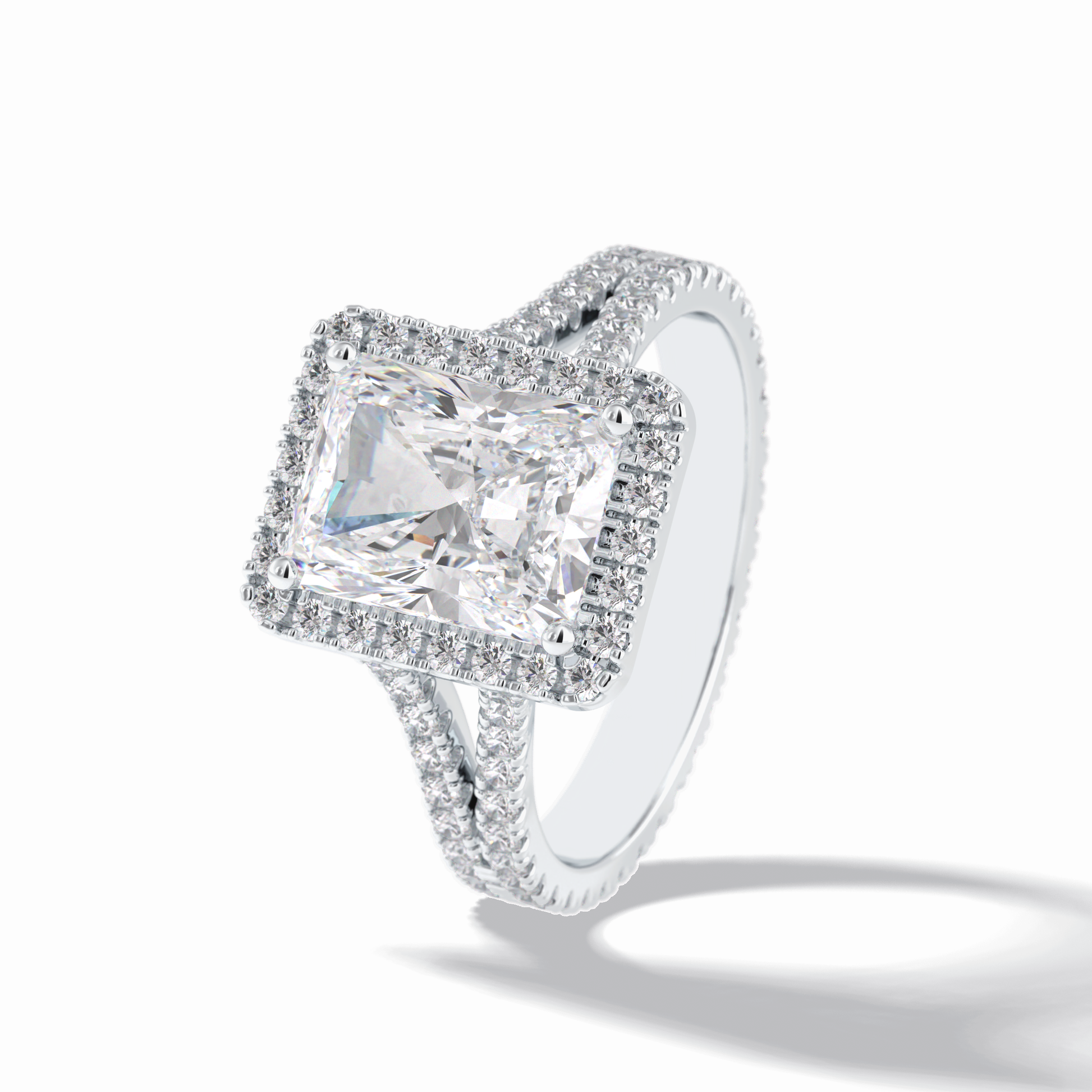 3.05 CT Radiant Cut Halo, Pave & Split Shank Style Moissanite Engagement Rings