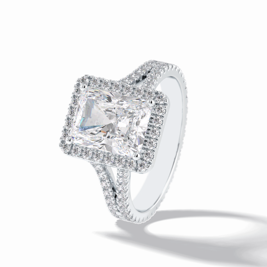 3.05 CT Radiant Cut Halo, Pave & Split Shank Style Moissanite Engagement Rings