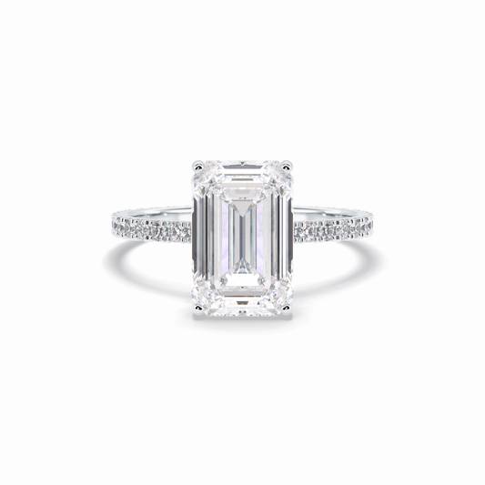 3.06 CT Emerald Cut Hidden Halo & Pave Style Moissanite Engagement Rings