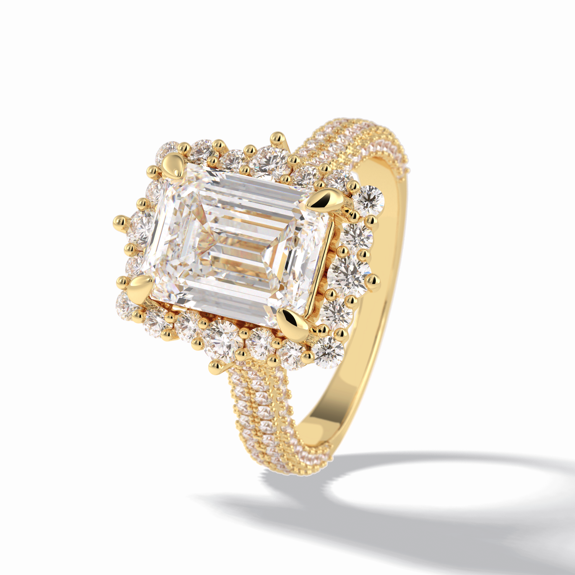 3.0 CT Emerald Cut Halo & Pave Style Moissanite Engagement Rings