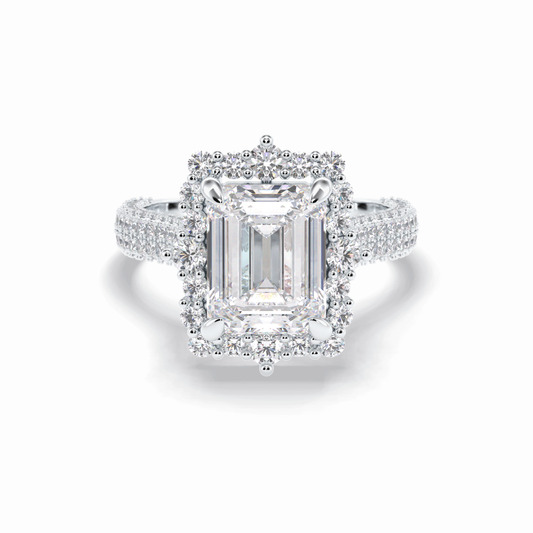3.0 CT Emerald Cut Halo & Pave Style Moissanite Engagement Rings