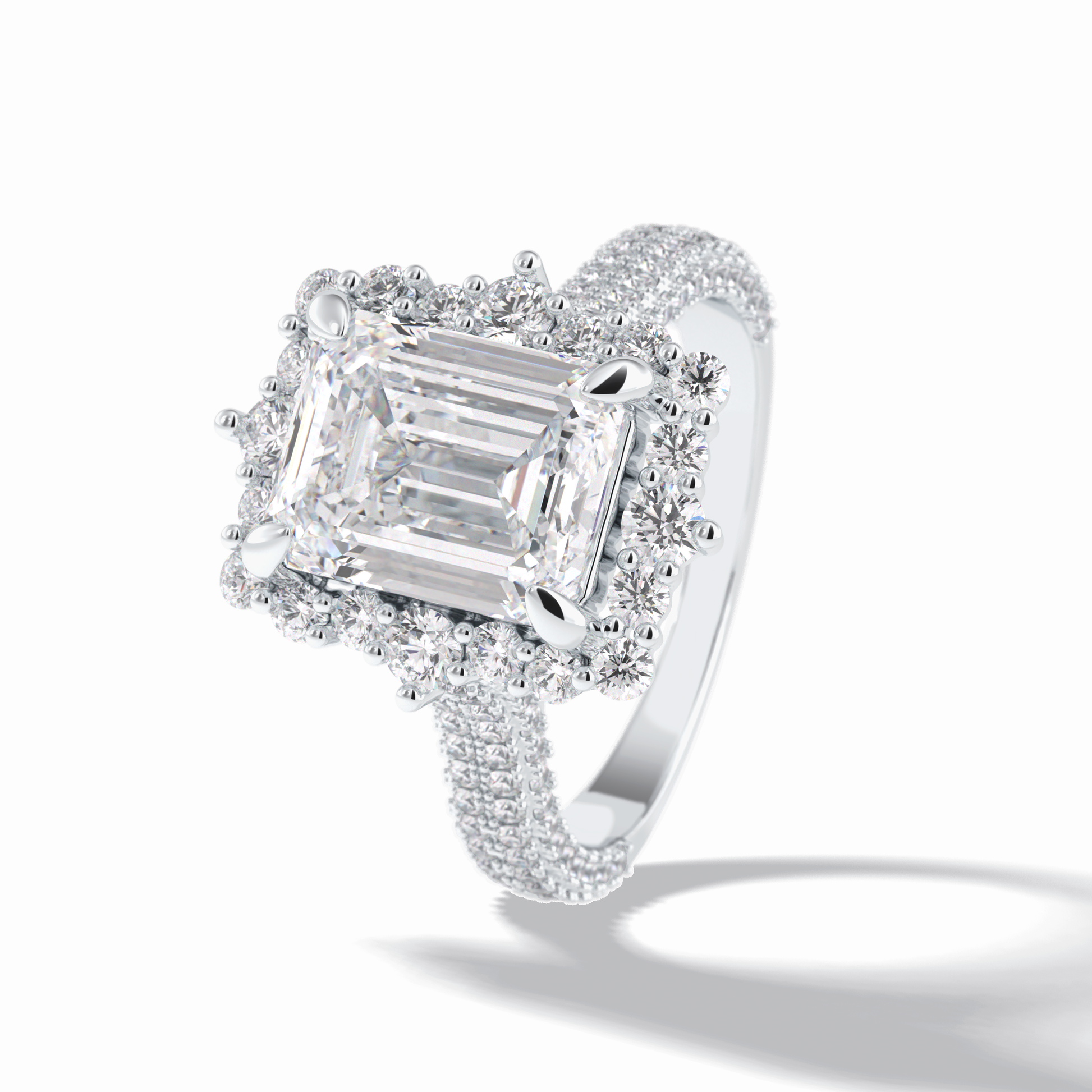 3.0 CT Emerald Cut Halo & Pave Style Moissanite Engagement Rings
