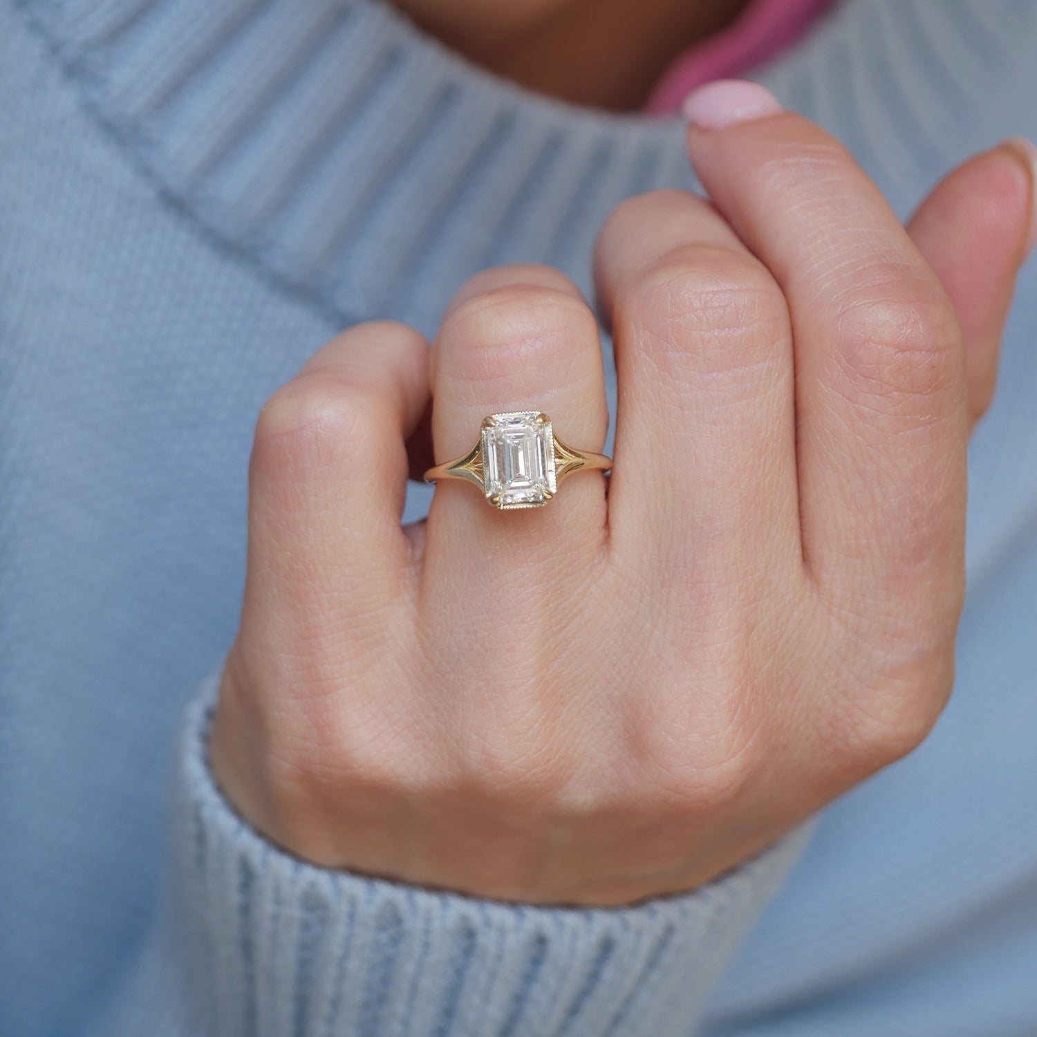 2.05 CT Emerald Split Shank Lab Grown Diamond Engagement Ring