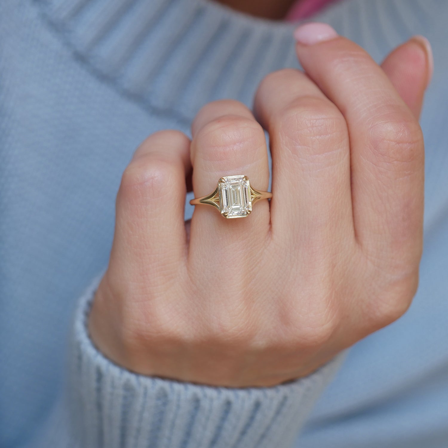 2.05 CT Emerald Split Shank Lab Grown Diamond Engagement Ring
