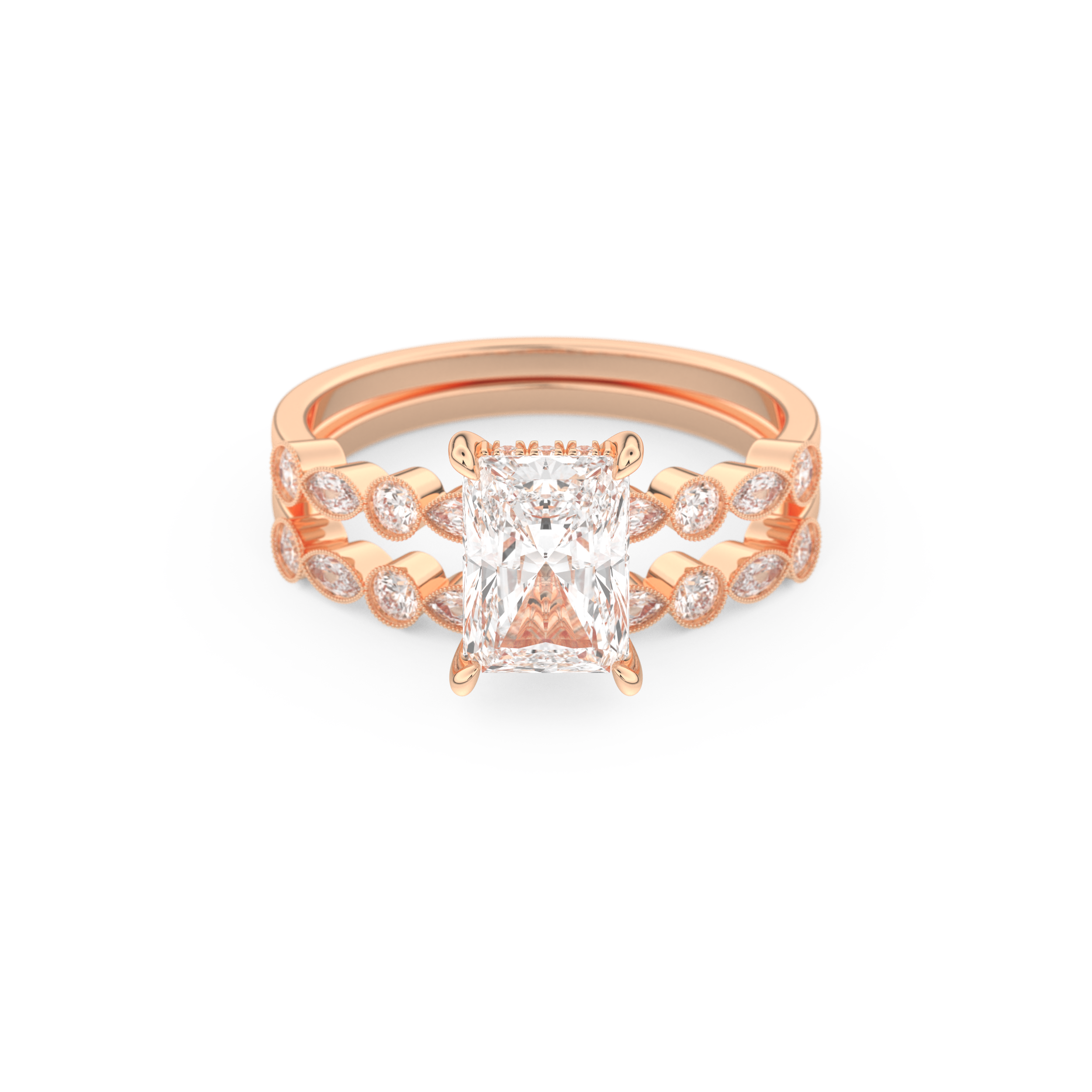 Radiant Cut Moissanite Bridal Set with Pave Settings– 1.56 CT Center, 0.53 TCW Accents 13