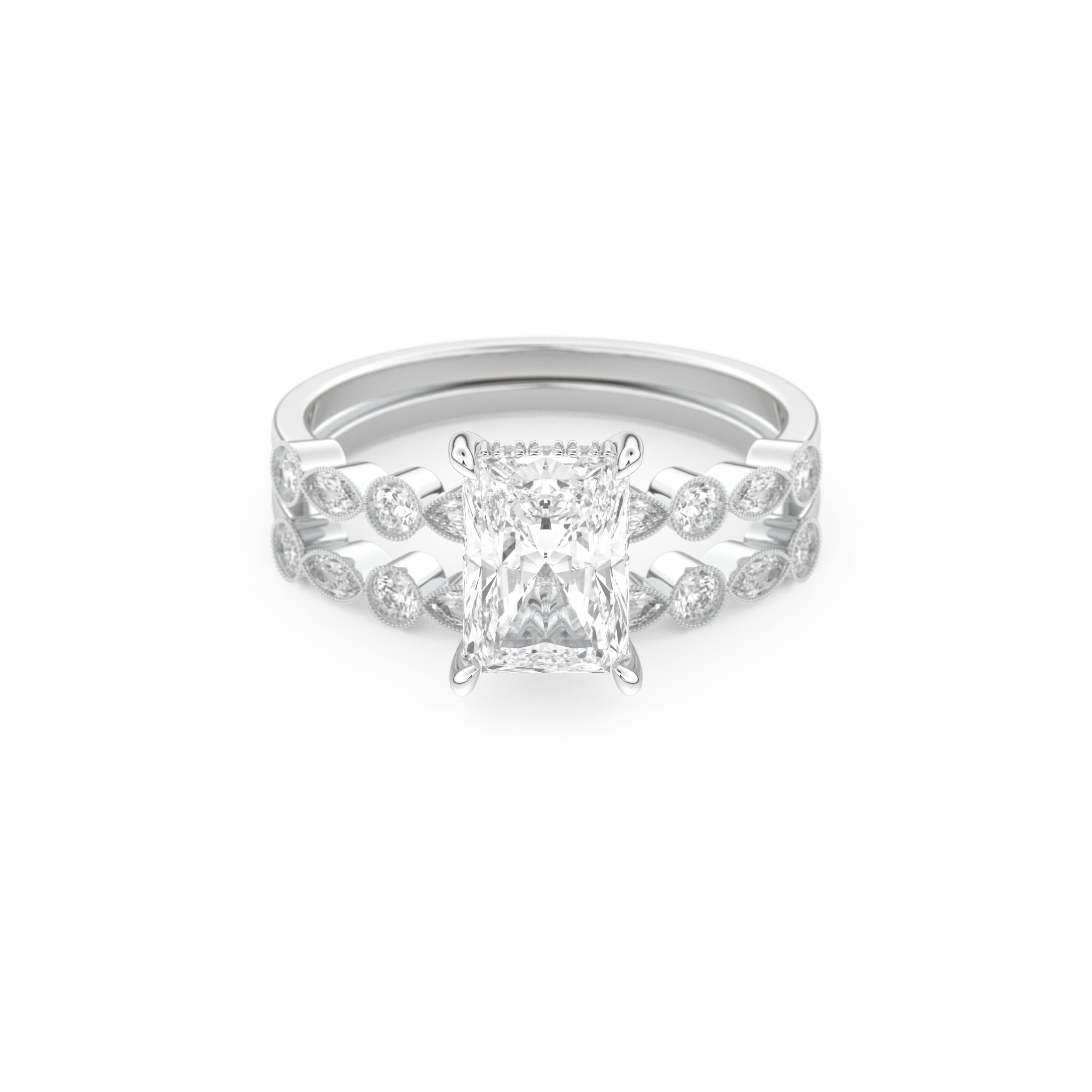 Radiant Cut Moissanite Bridal Set with Pave Settings– 1.56 CT Center, 0.53 TCW Accents 1