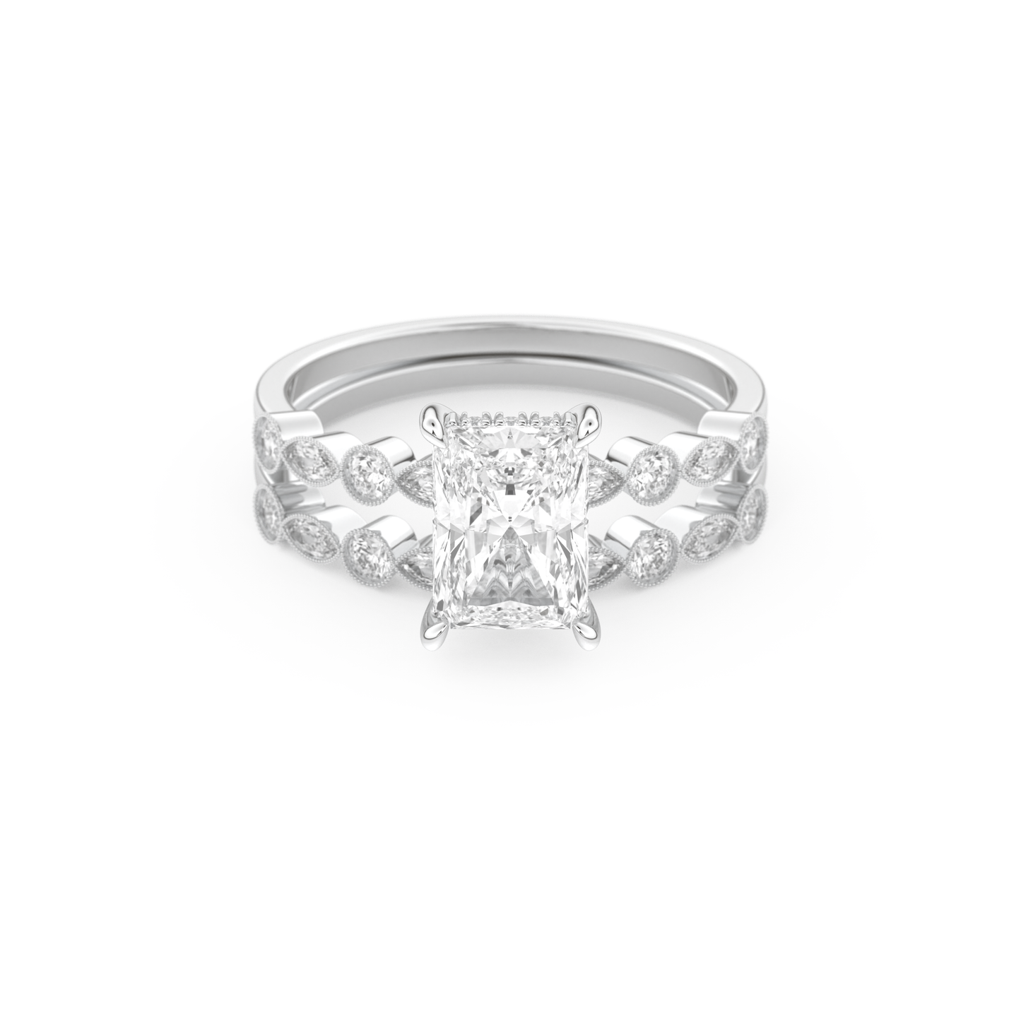 Radiant Cut Moissanite Bridal Set with Pave Settings– 1.56 CT Center, 0.53 TCW Accents
