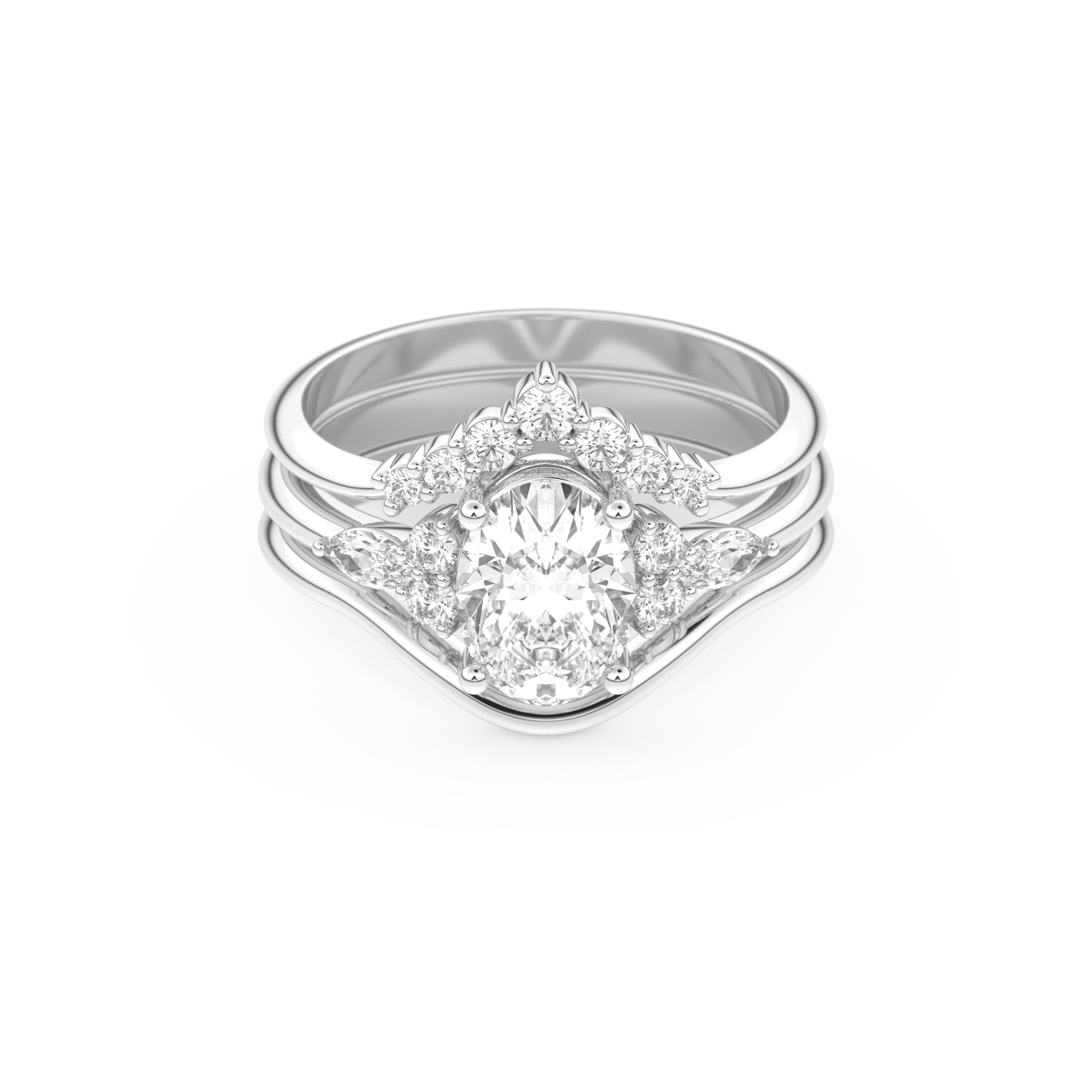 Oval Cut Moissanite Bridal Set with Three Stone Settings – 1.18 CT Center, 0.32 TCW Accents 1