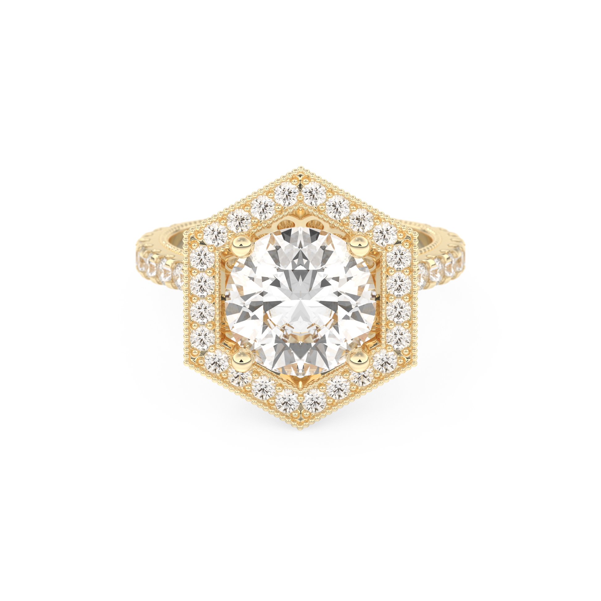 Elongated Round Cut 2.43 Carat Moissanite Ring – Hidden Halo & Pave Setting in Gold