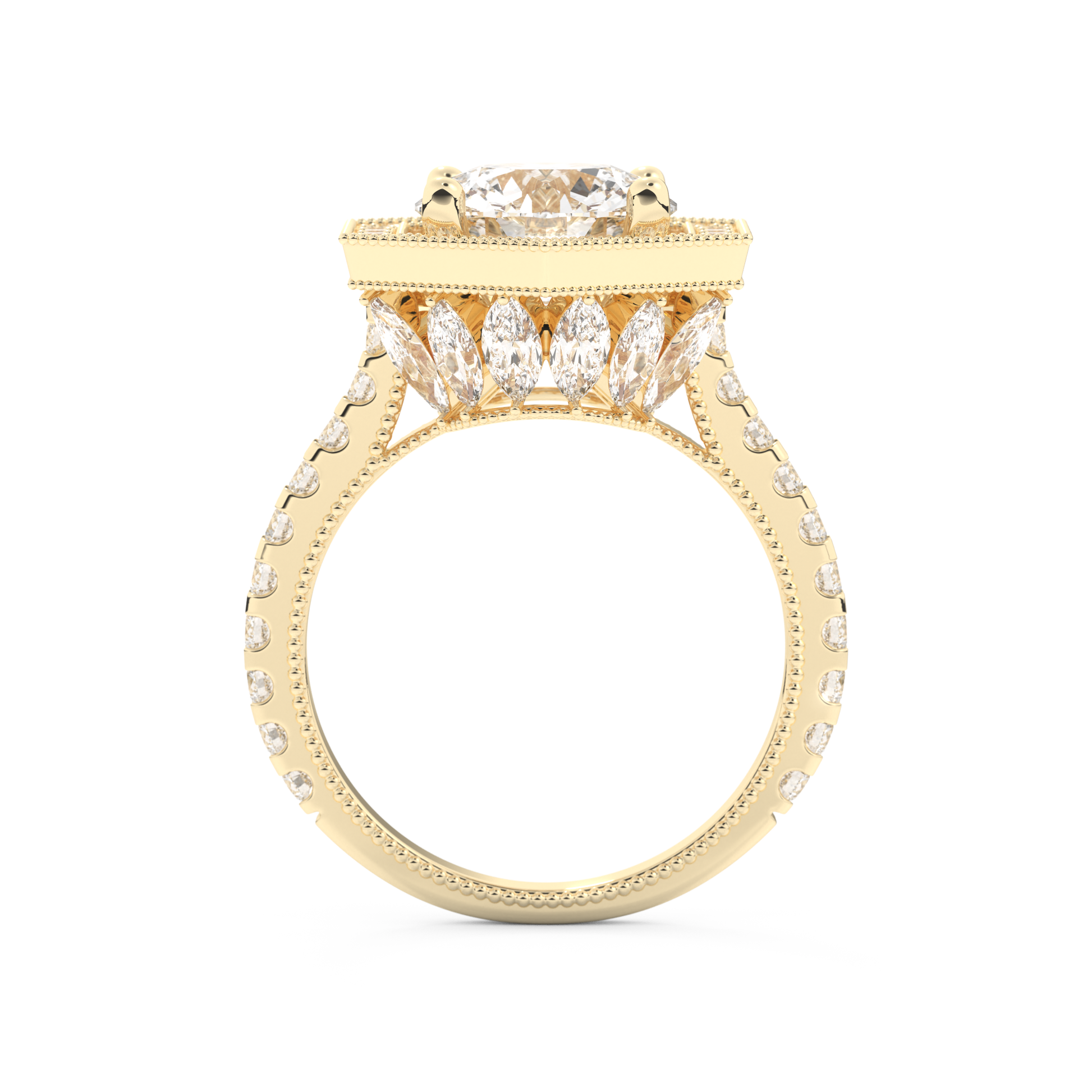 Elongated Round Cut 2.43 Carat Moissanite Ring – Hidden Halo & Pave Setting in Gold