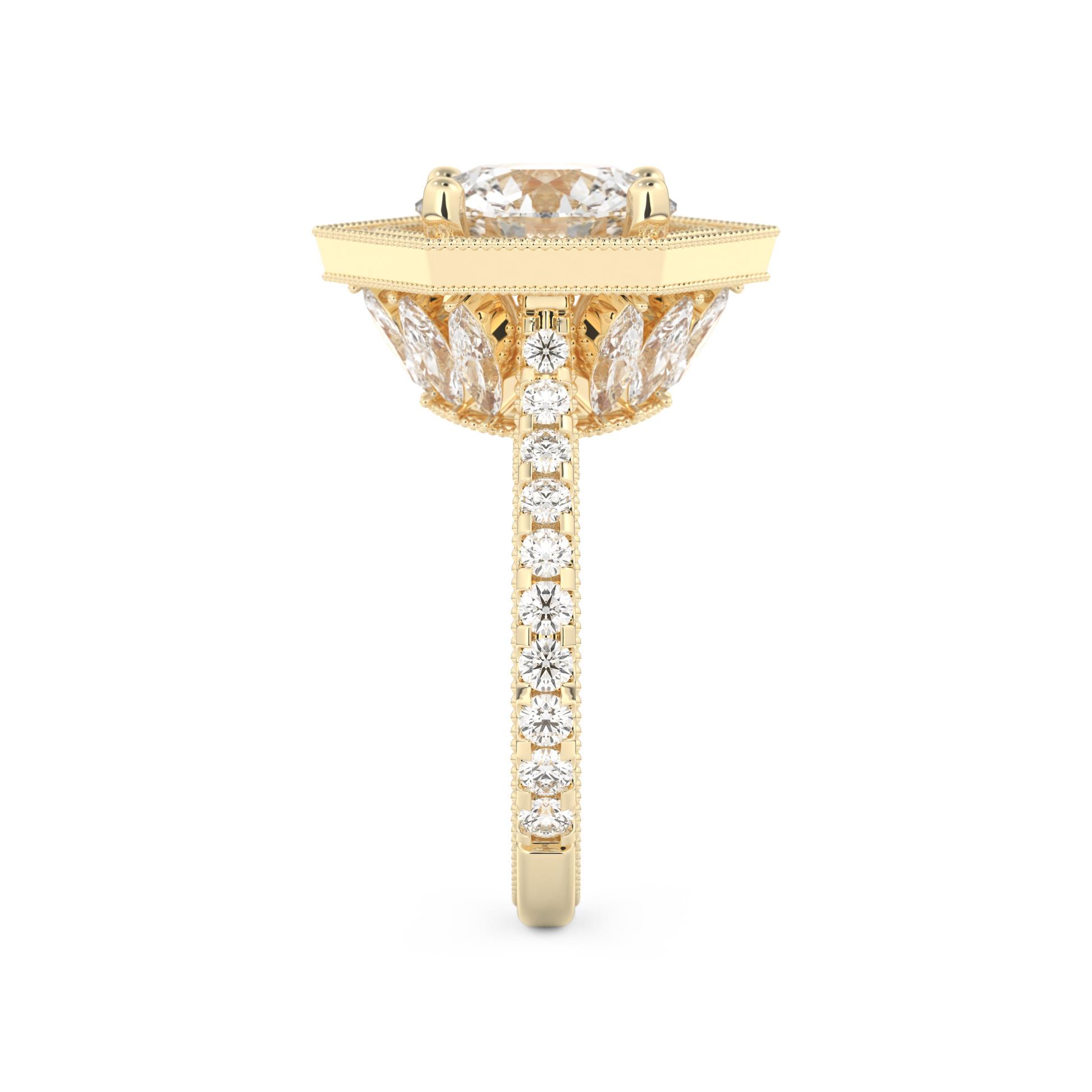 Elongated Round Cut 2.43 Carat Moissanite Ring – Hidden Halo & Pave Setting in Gold