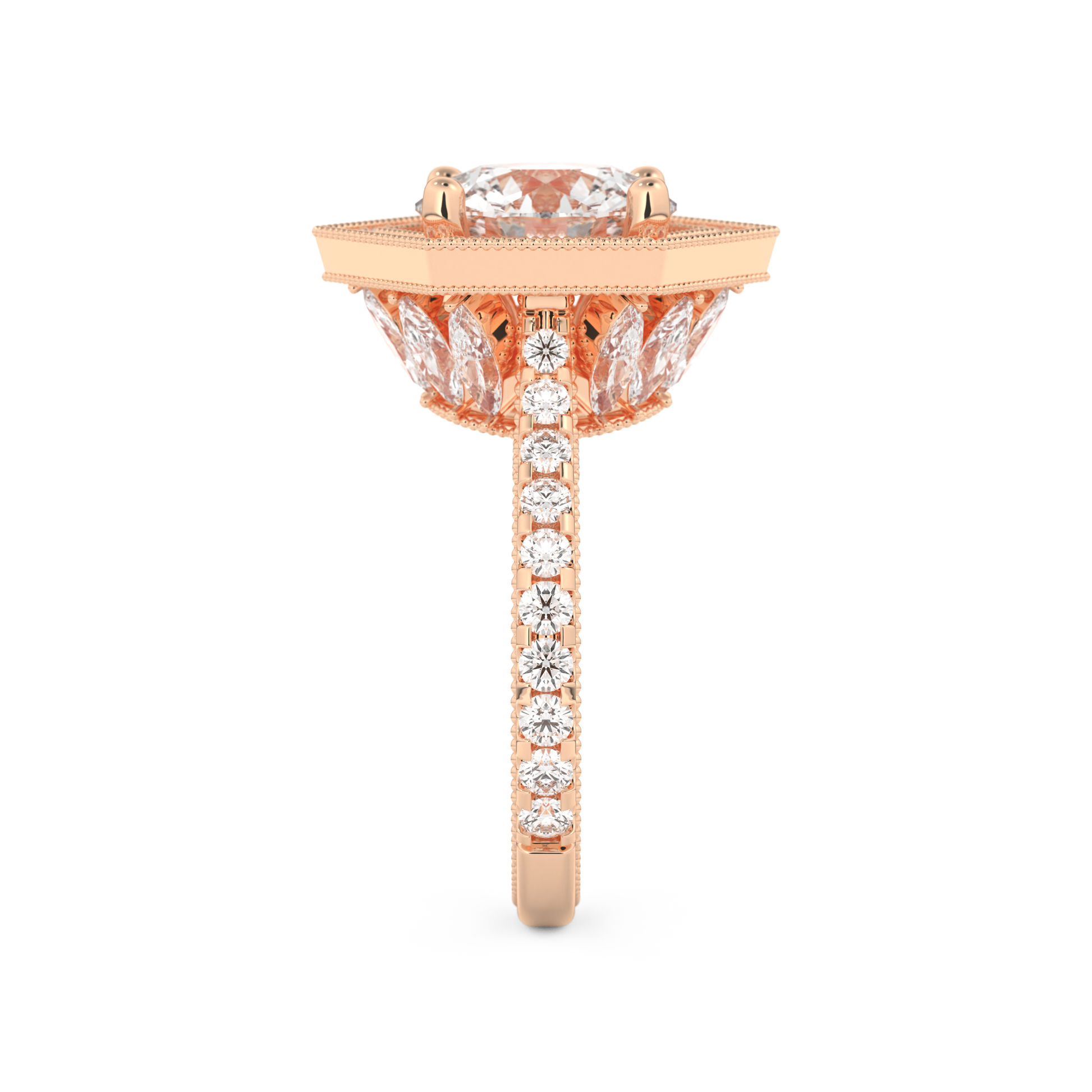 Elongated Round Cut 2.43 Carat Moissanite Ring – Hidden Halo & Pave Setting in Gold
