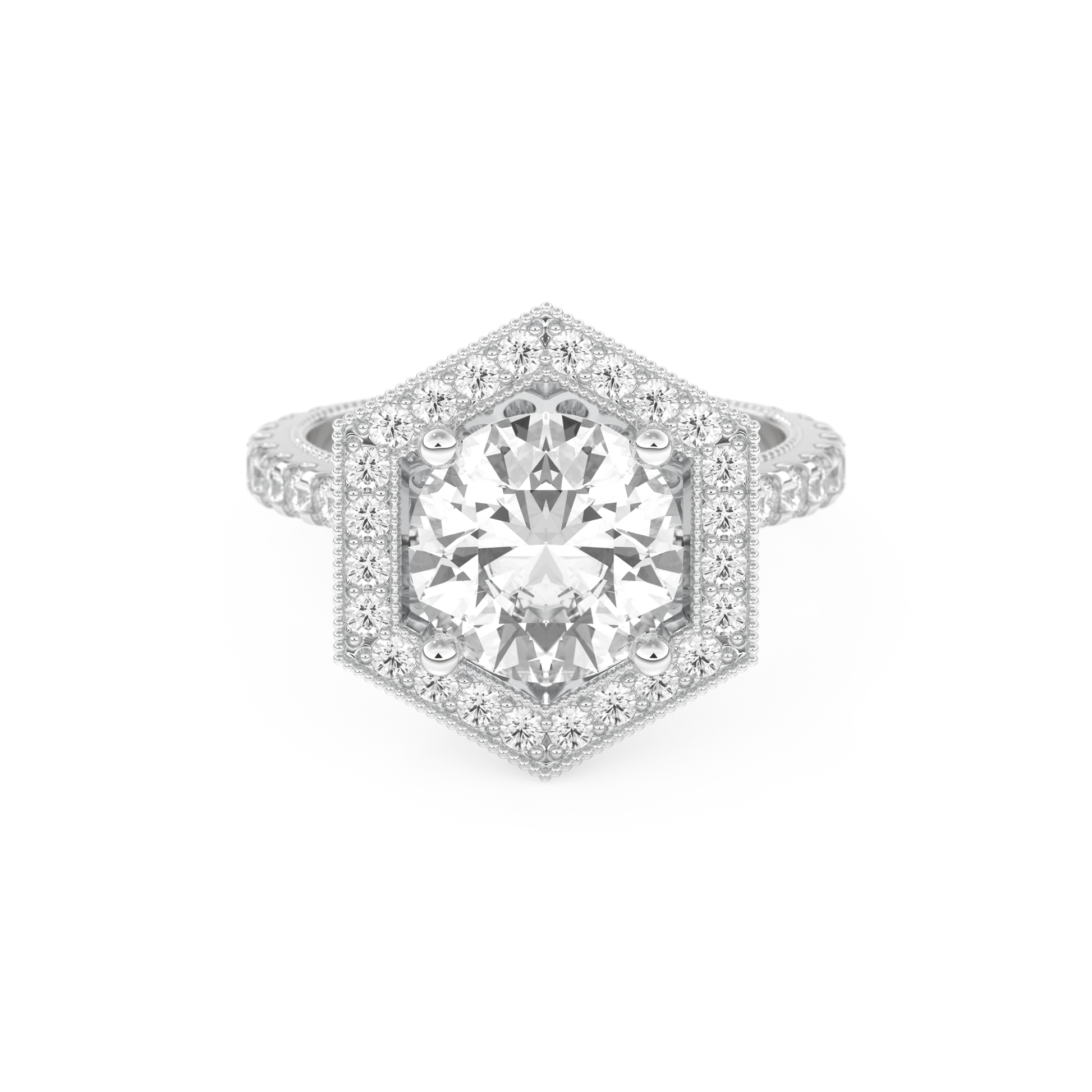 Elongated Round Cut 2.43 Carat Moissanite Ring – Hidden Halo & Pave Setting in Gold