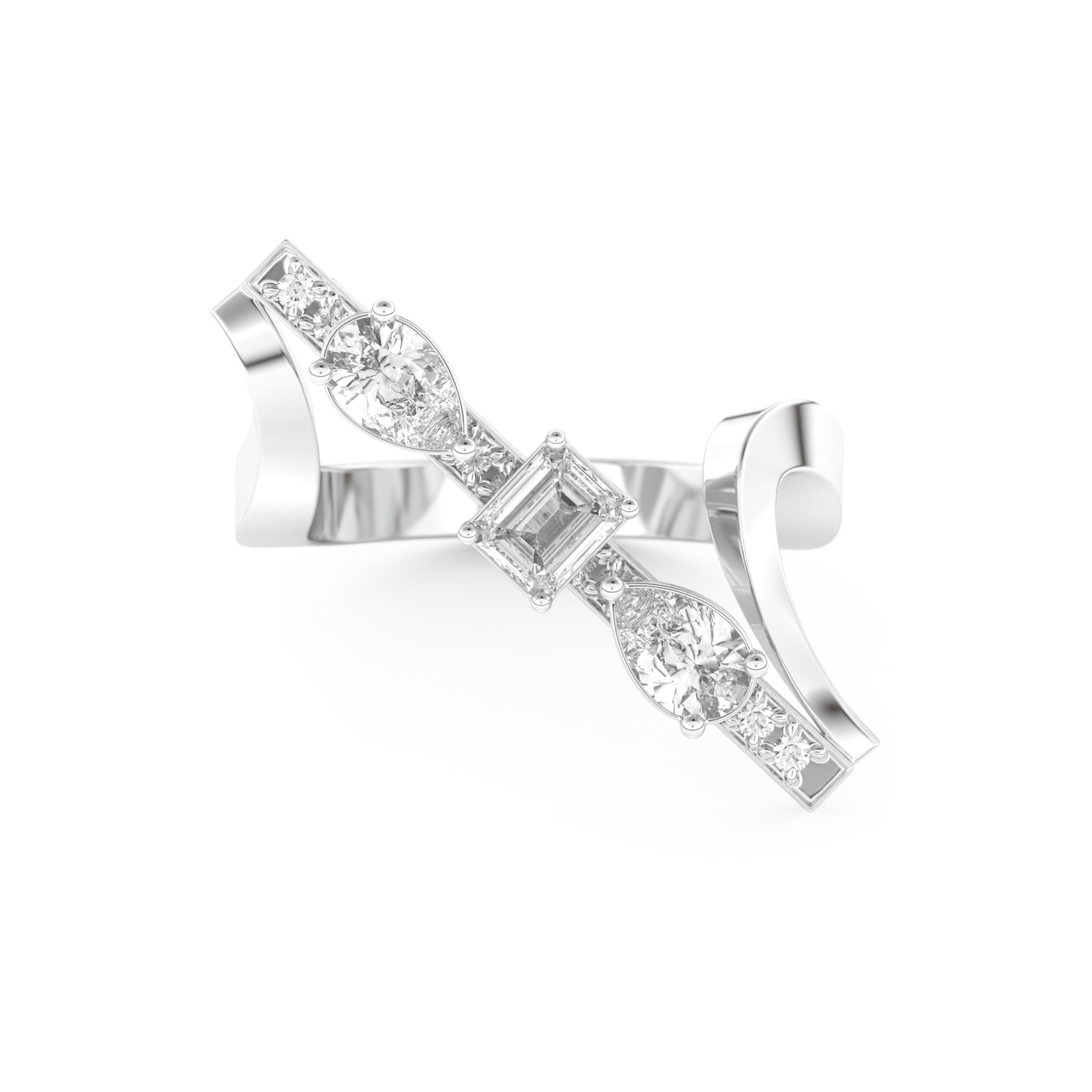 Elongated Emerald Cut 0.26 Carat Moissanite Ring – Cluster and Pave Setting in Gold
