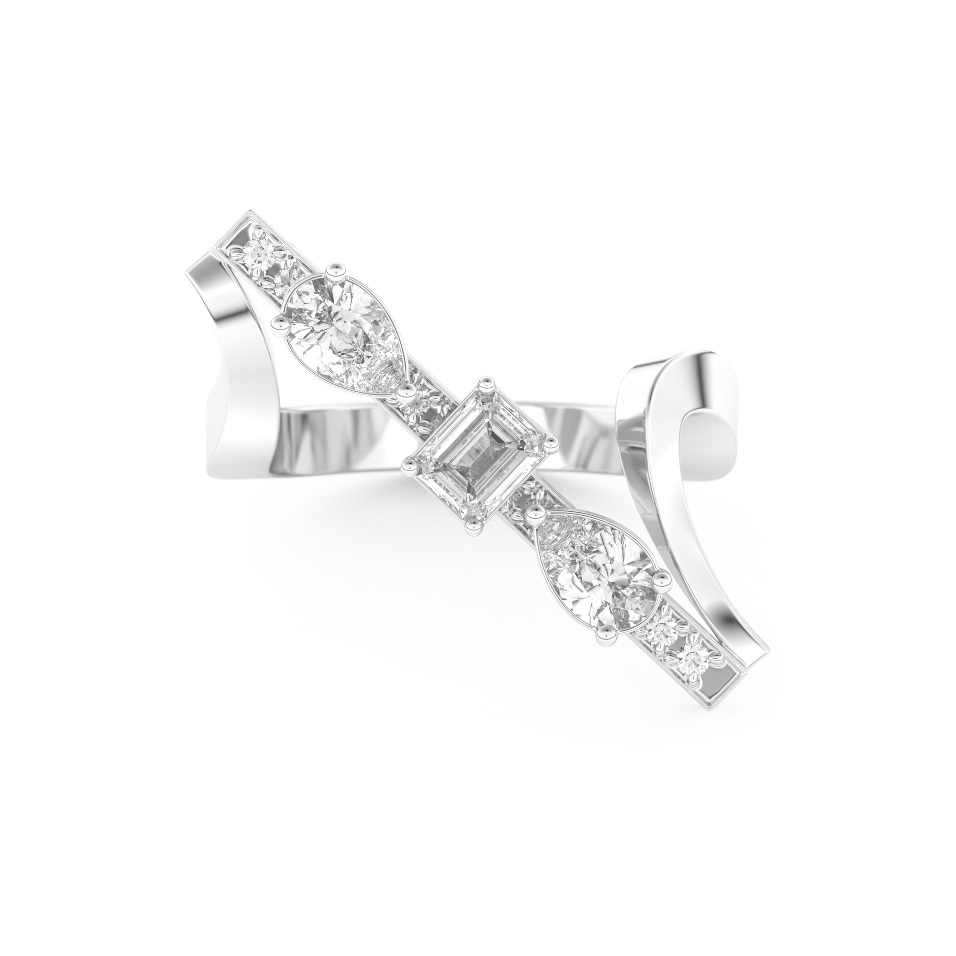 Elongated Emerald Cut 0.26 Carat Moissanite Ring – Cluster and Pave Setting in Gold