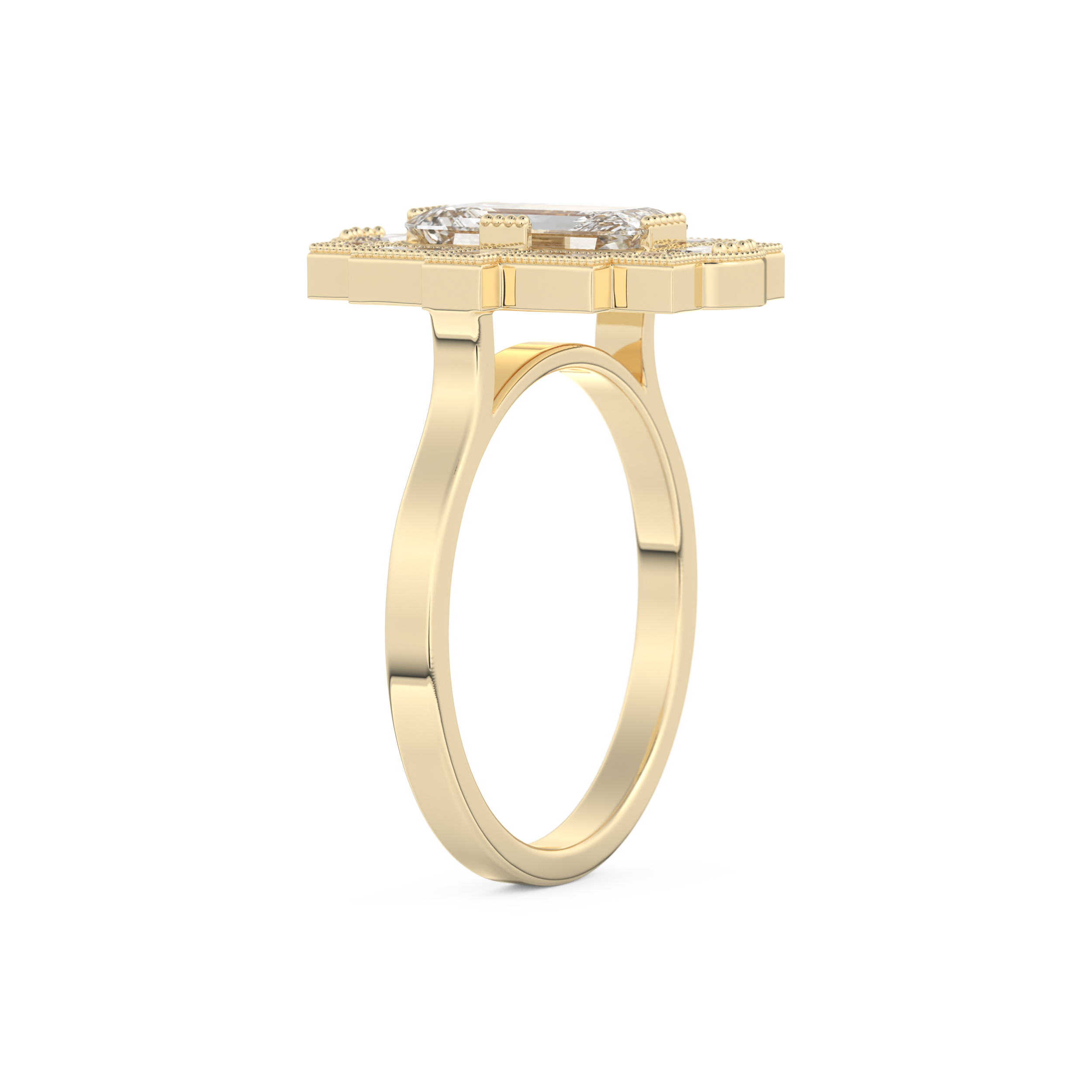 Elongated Emerald Cut 1.34 Carat Moissanite Ring – Halo Setting in Gold