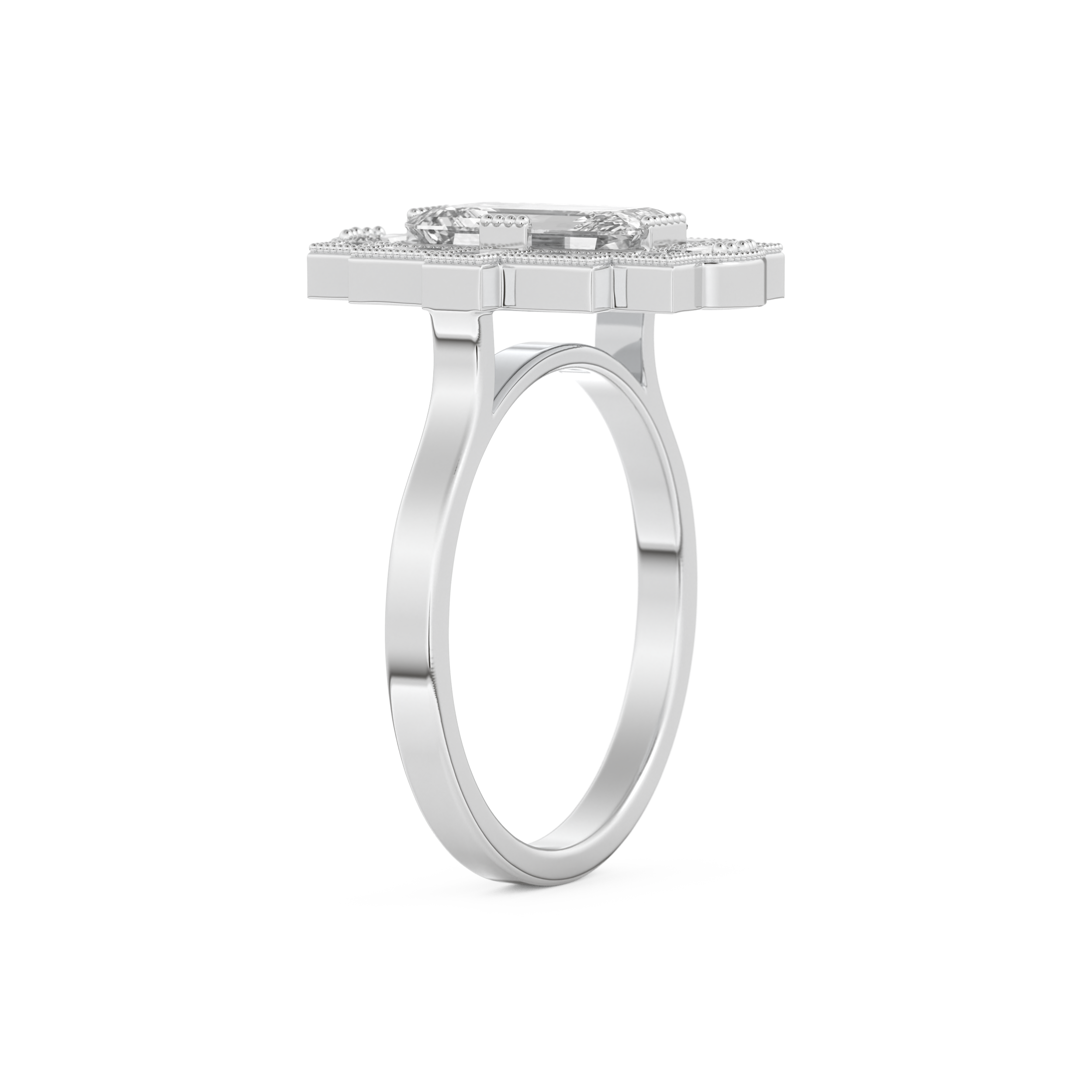 Elongated Emerald Cut 1.34 Carat Moissanite Ring – Halo Setting in Gold