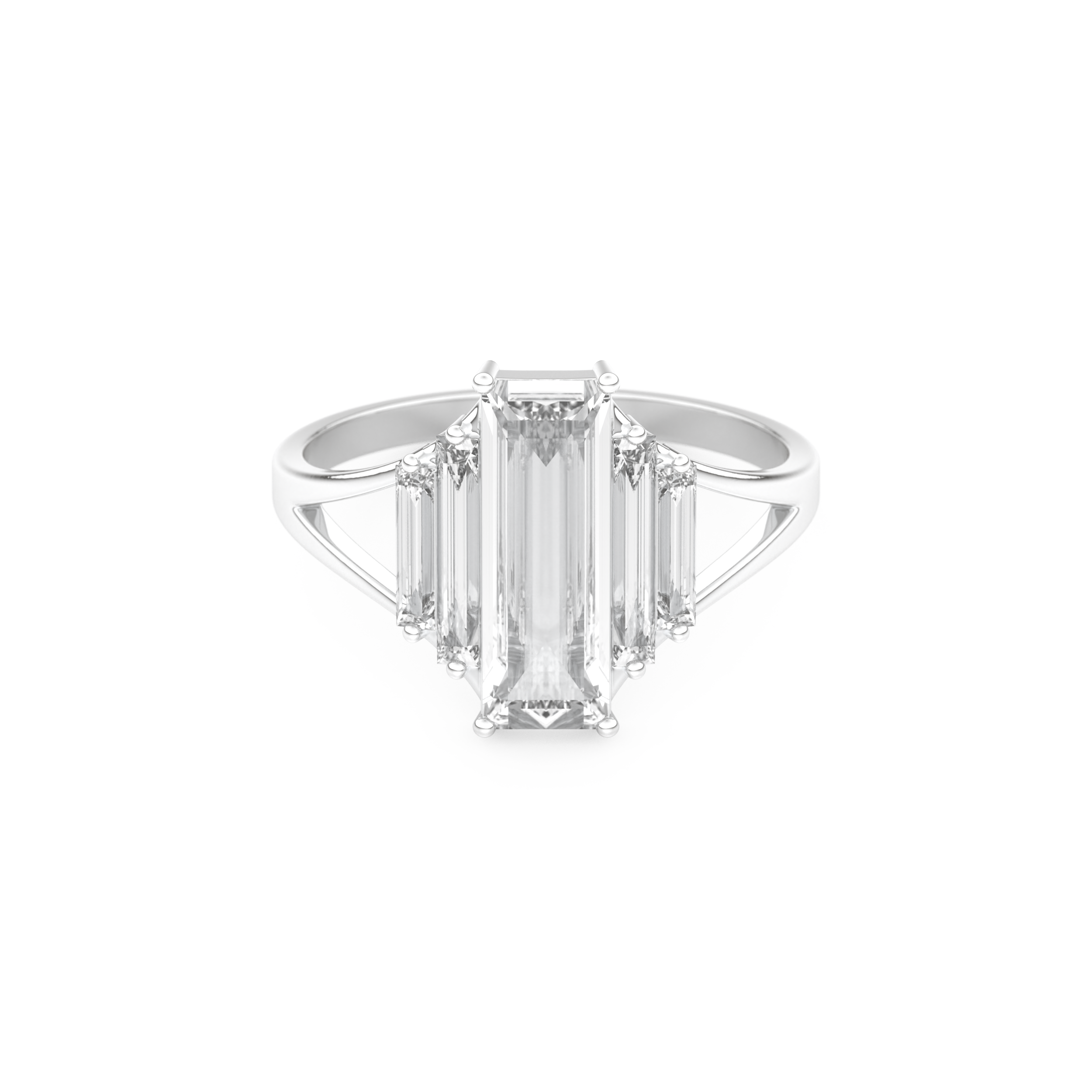 Elongated Baguette Straight Cut 1.0 Carat Moissanite Ring – Three Stones and Split Shank Setting in Gold