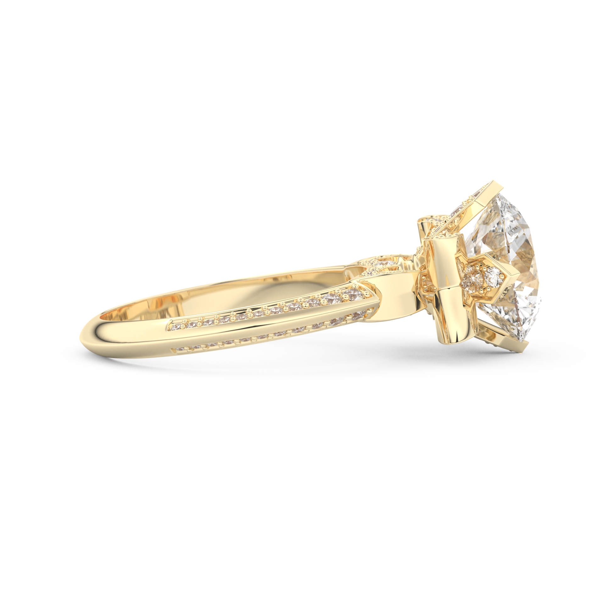 Elongated Round Cut 3.0 Carat Moissanite Ring – Hidden Halo & Pave Setting in Gold