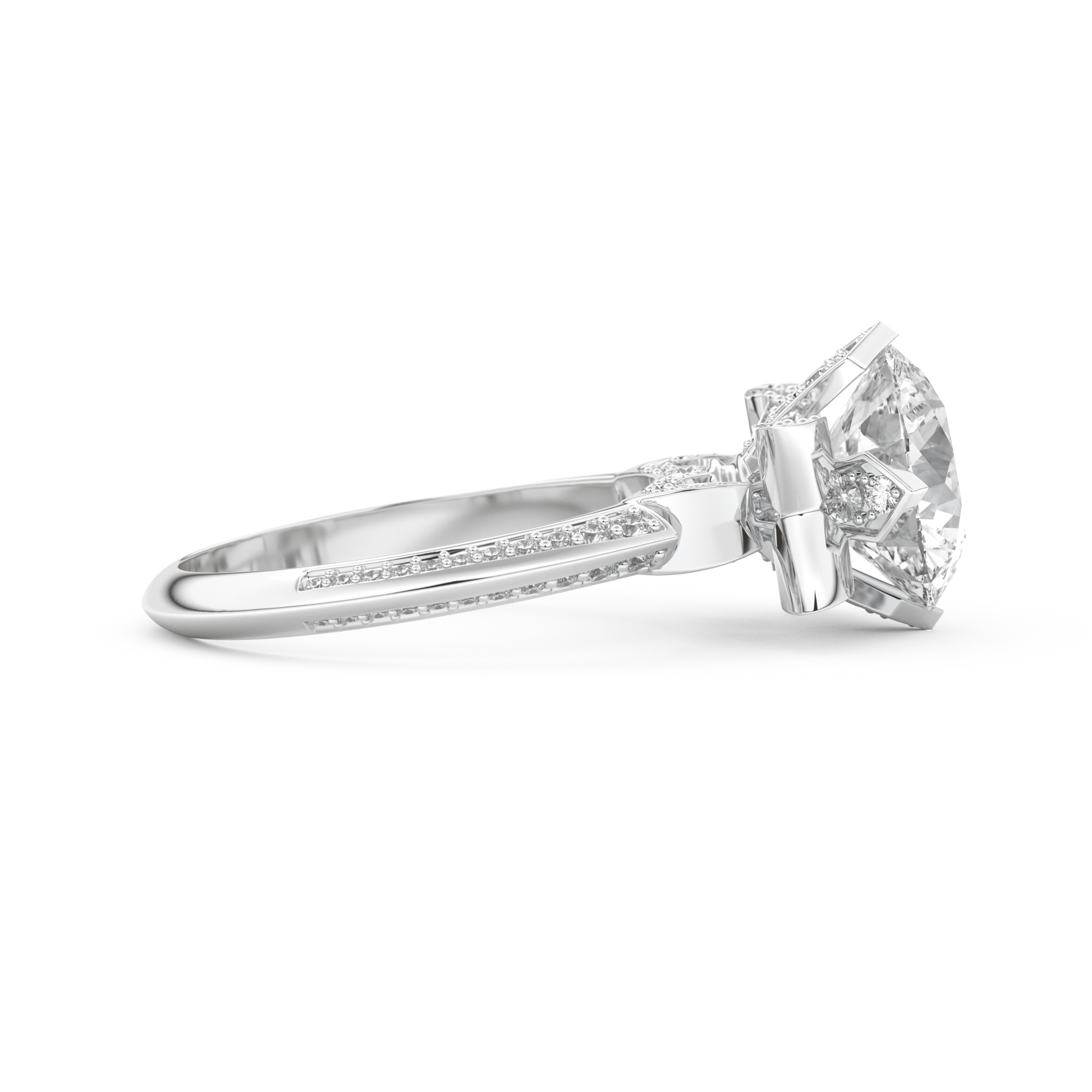 Elongated Round Cut 3.0 Carat Moissanite Ring – Hidden Halo & Pave Setting in Gold