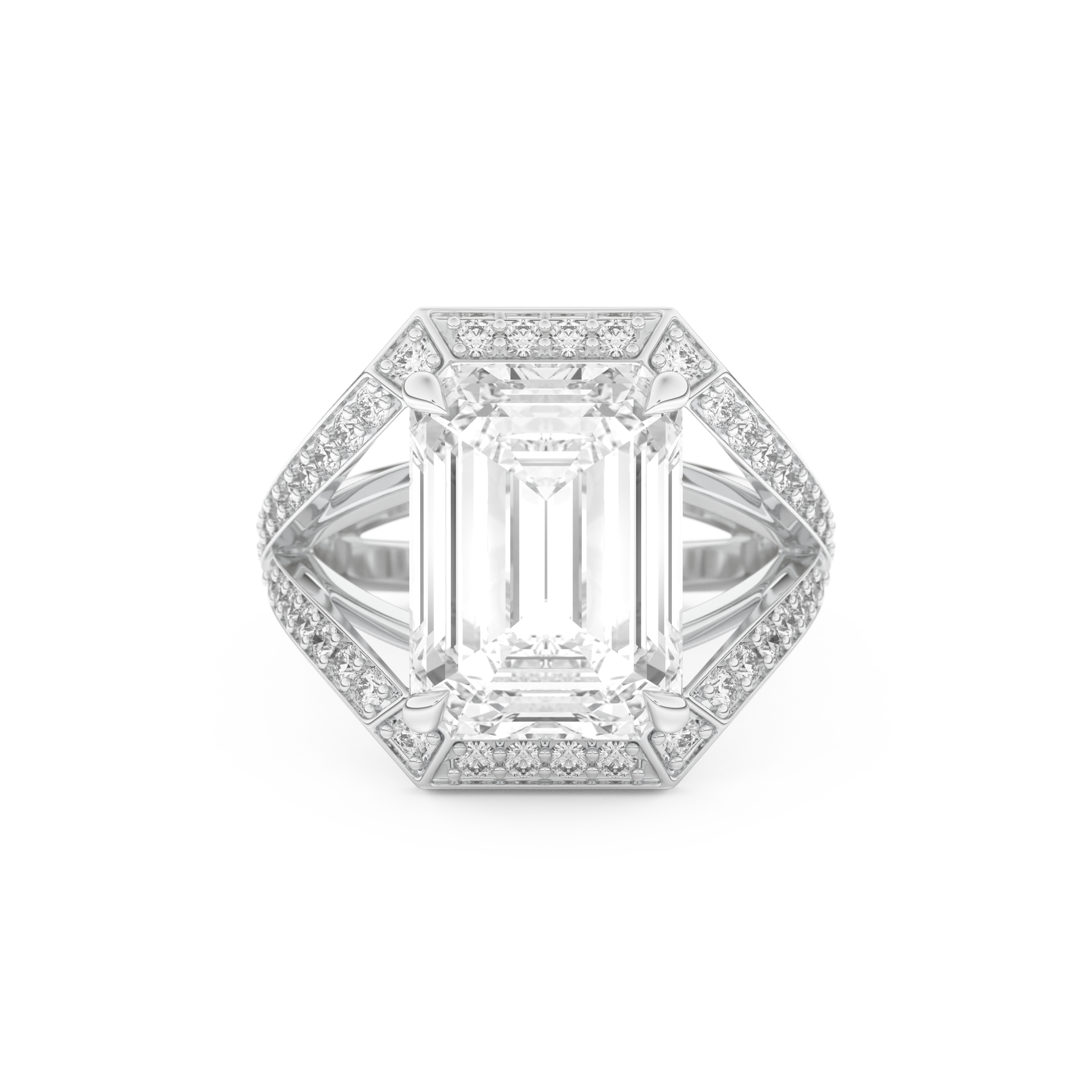 Elongated Emerald Cut 5.75 Carat Moissanite Ring – Split Shank & Pave Setting in Gold