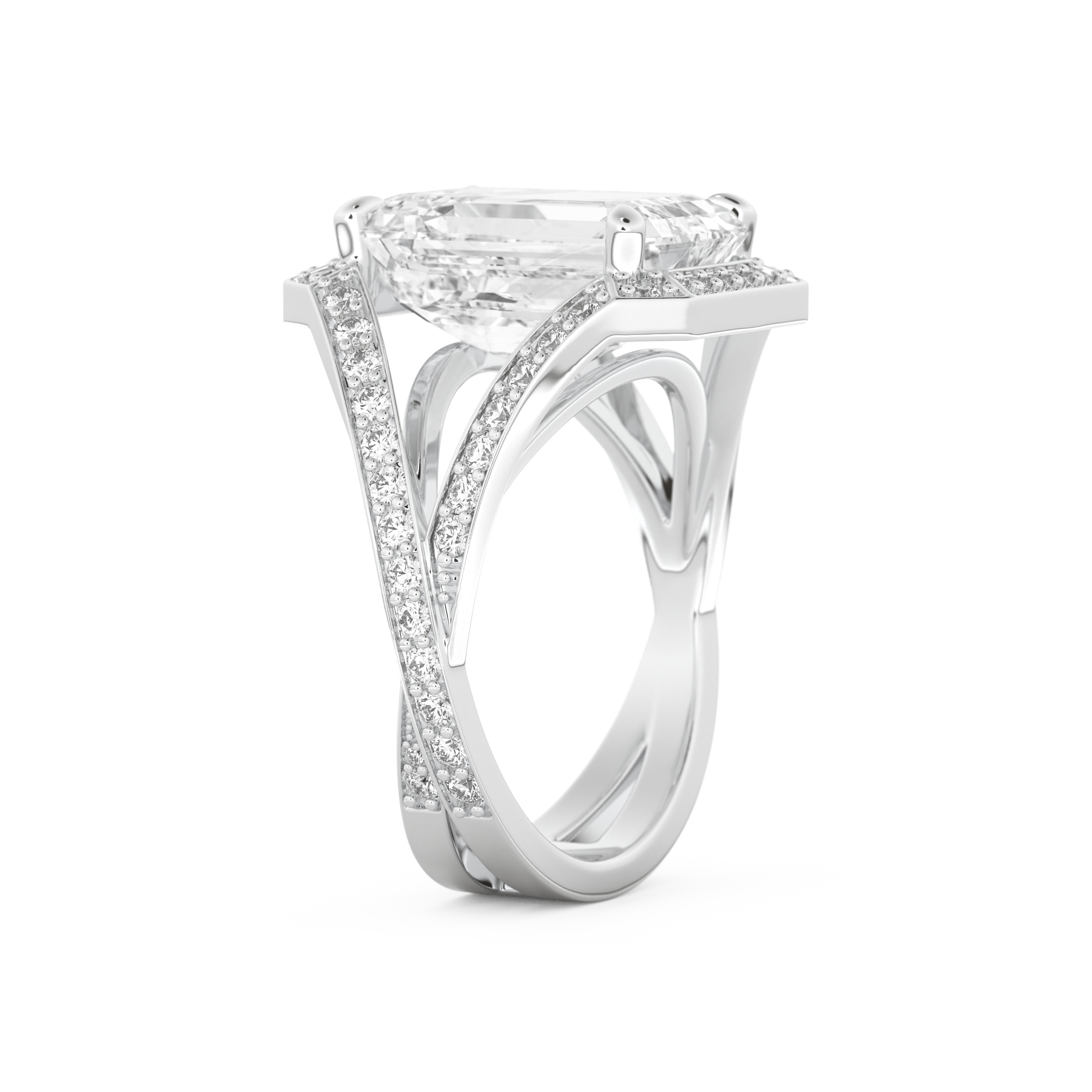 Elongated Emerald Cut 5.75 Carat Moissanite Ring – Split Shank & Pave Setting in Gold