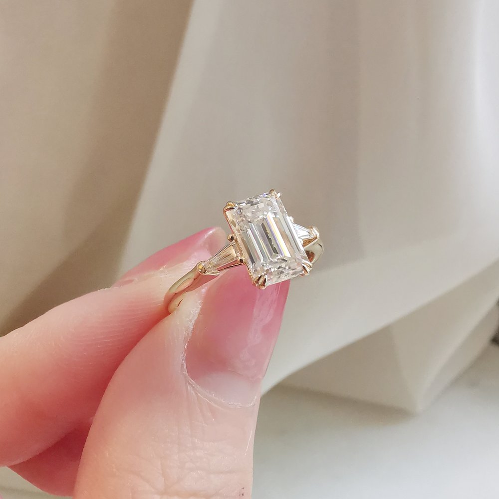 Emerald Three Stone Lab Grown Diamond Engagement Ring