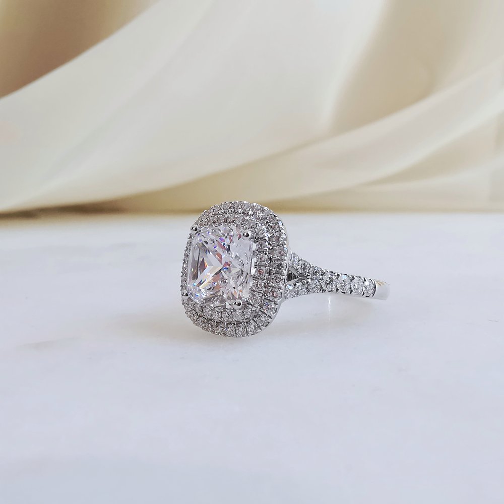 Cushion Double Halo & Pave Split Shank Lab Grown Diamond Engagement Ring