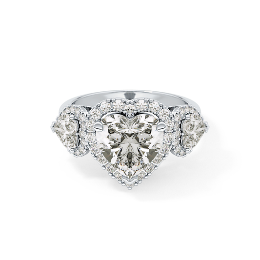 Heart Cut 2.58 Carat Moissanite Ring – Three Stones & Halo Setting in Gold