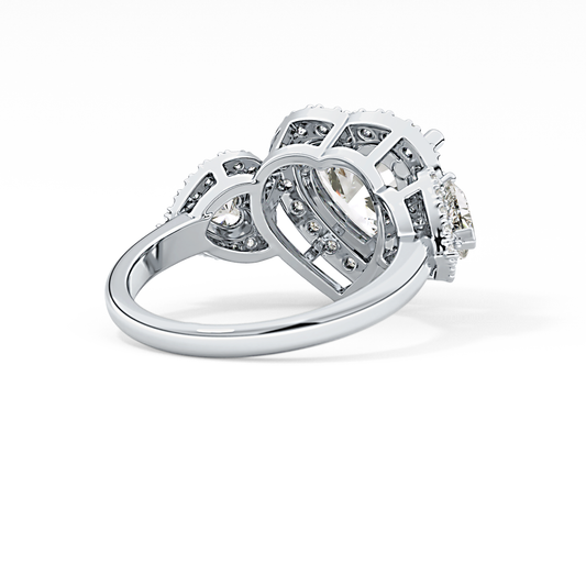 Heart Cut 2.58 Carat Moissanite Ring – Three Stones & Halo Setting in Gold