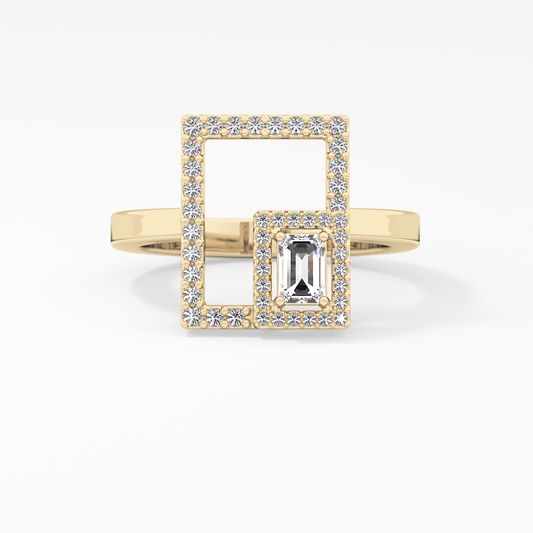 Geometrical Wedding Band with 0.37 TCW Emerald & Round Cut Moissanite – Yellow, White, or Rose Gold
