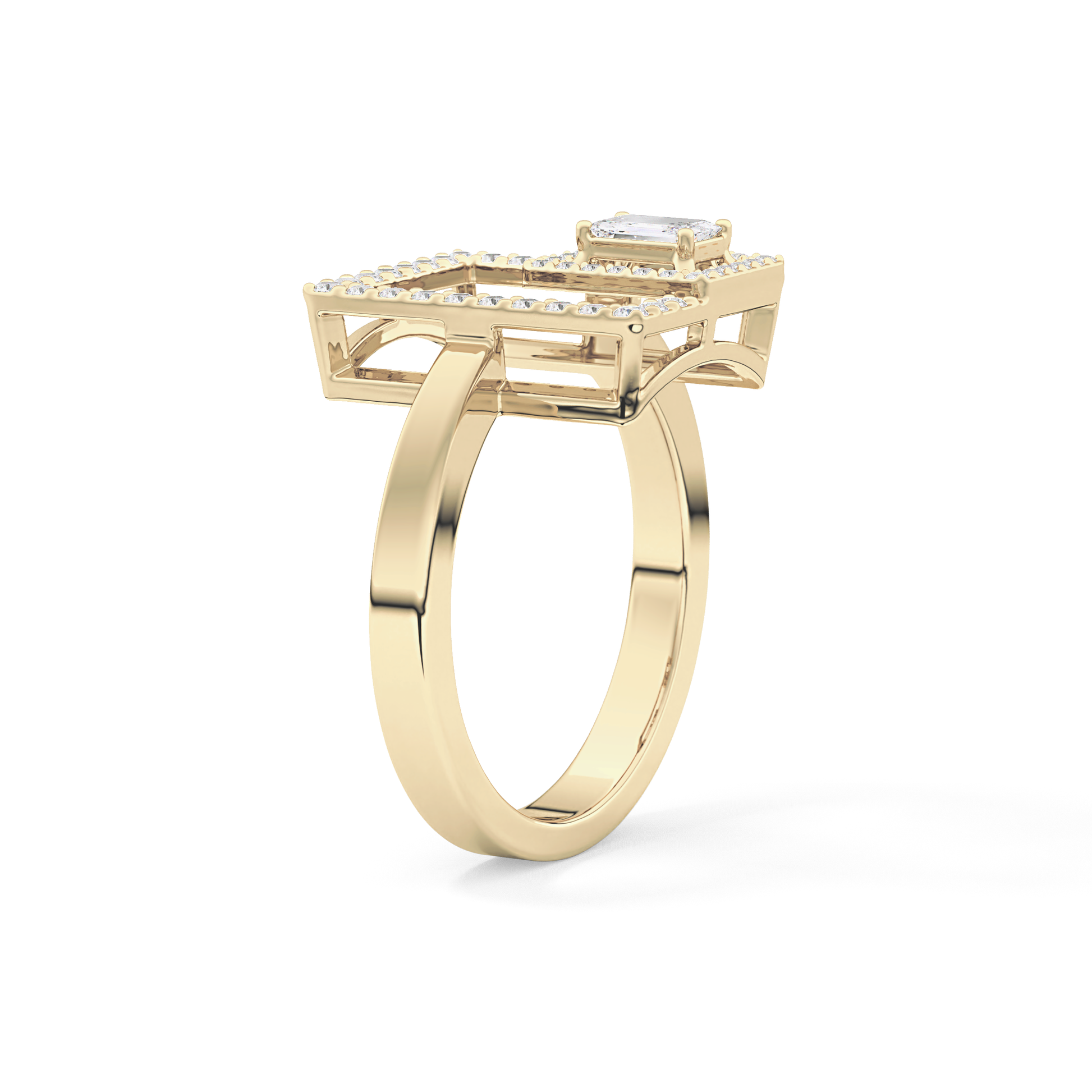 Geometrical Wedding Band with 0.37 TCW Emerald & Round Cut Moissanite – Yellow, White, or Rose Gold