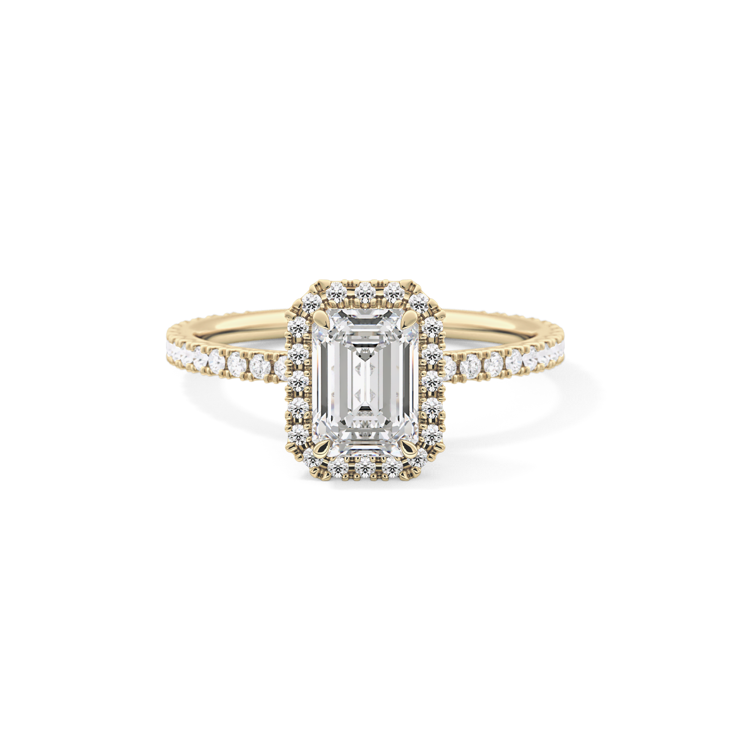 Emerald Cut 1.02 Carat Moissanite Ring – Halo & Pave Setting in Gold