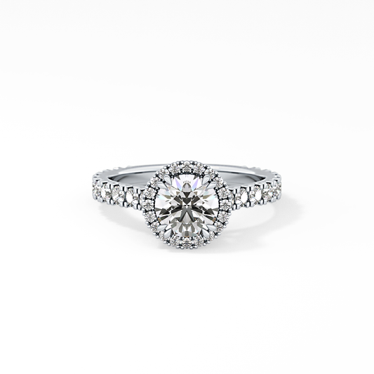 Round Cut 1.03 Carat Moissanite Ring – Halo & Pave Setting in Gold