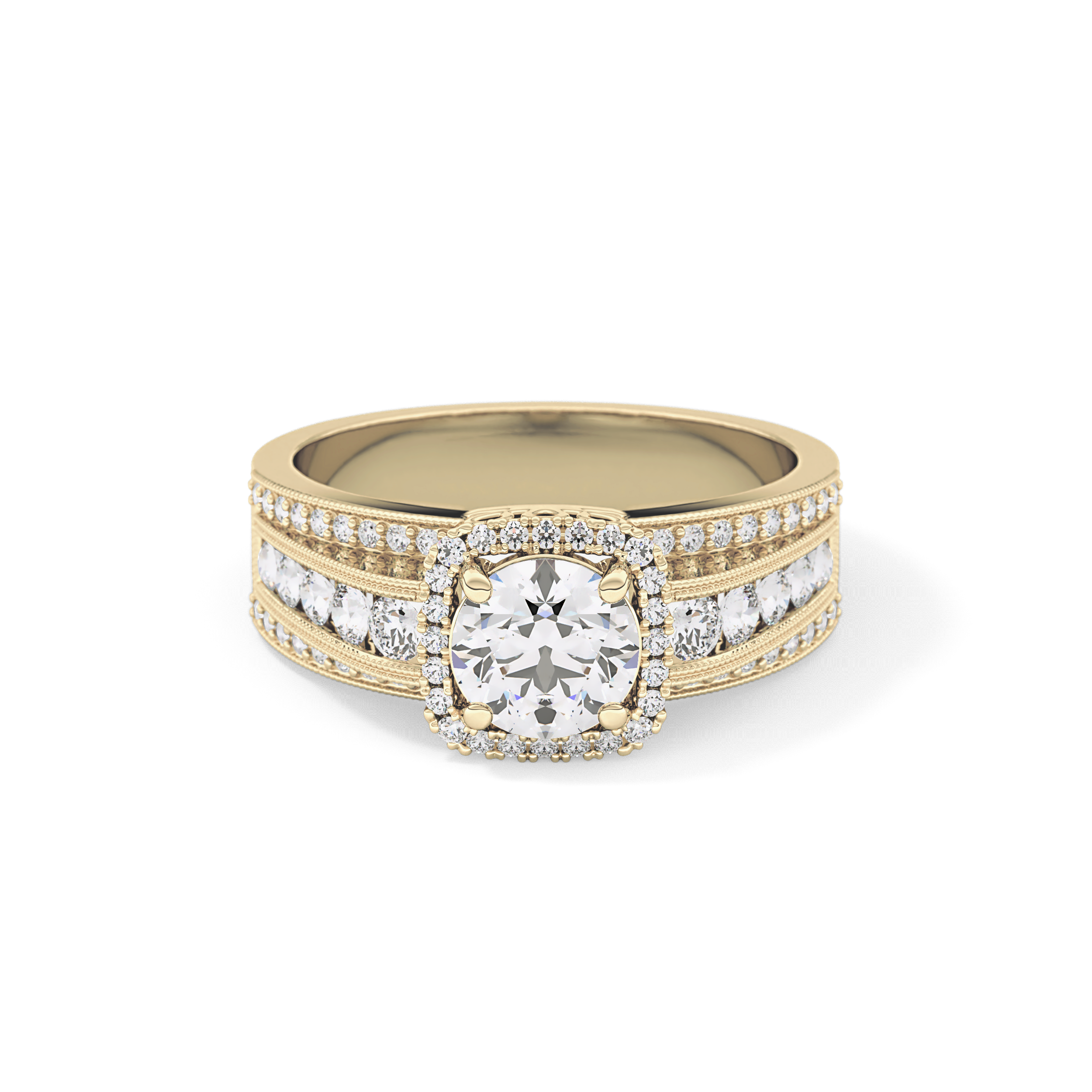 Round Cut 0.79 Carat Moissanite Ring – Halo and Triple Pave Setting in Gold
