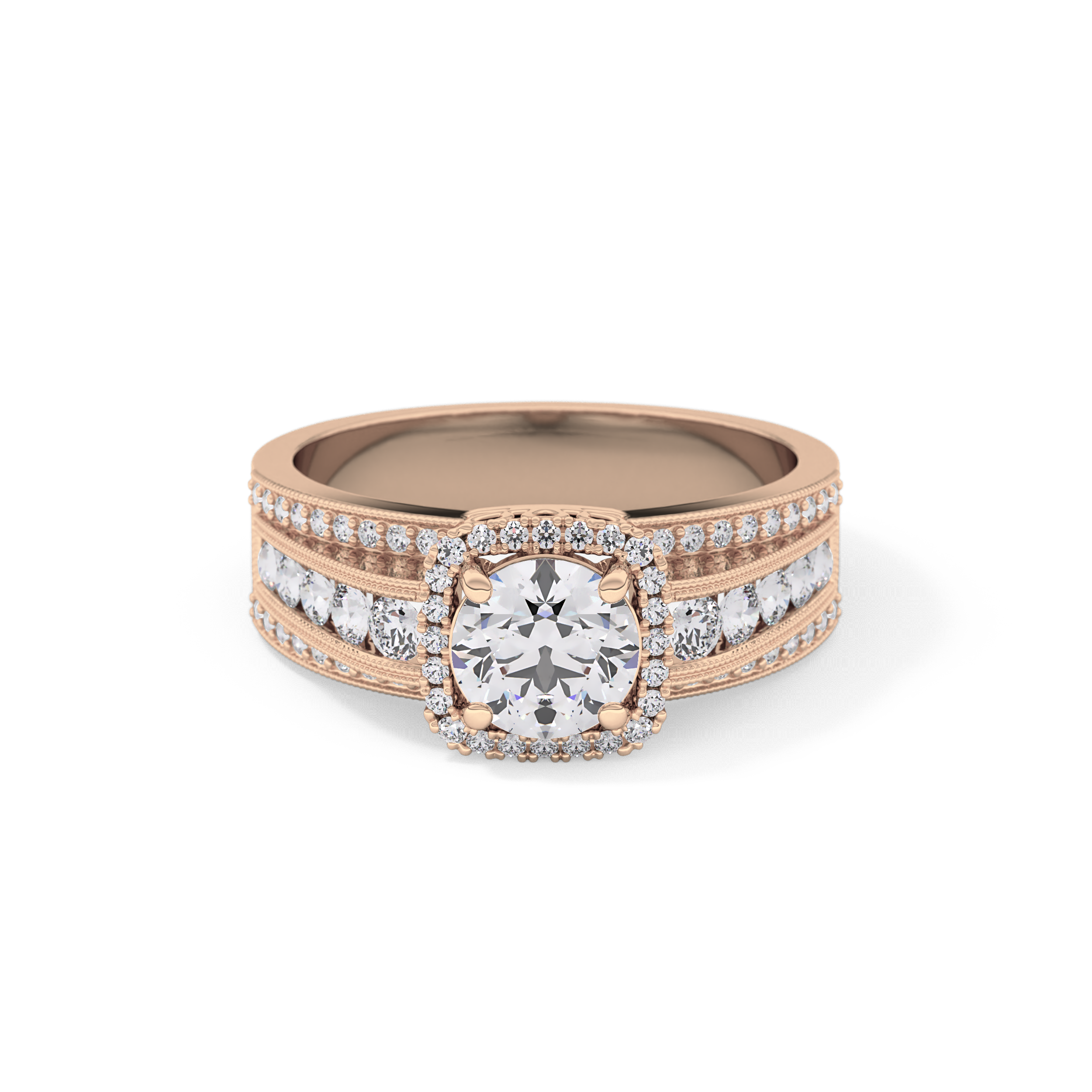 Round Cut 0.79 Carat Moissanite Ring – Halo and Triple Pave Setting in Gold