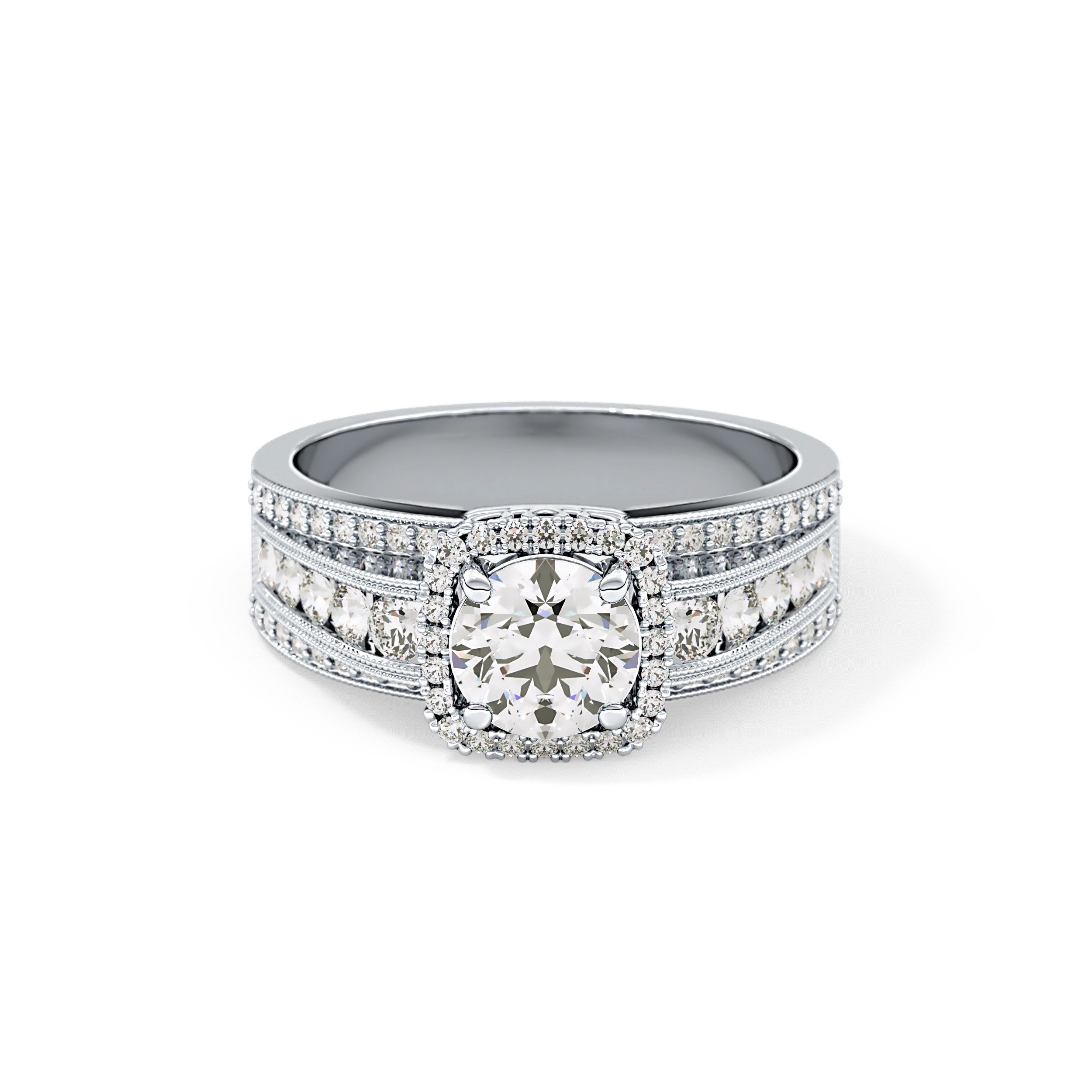 Round Cut 0.79 Carat Moissanite Ring – Halo and Triple Pave Setting in Gold