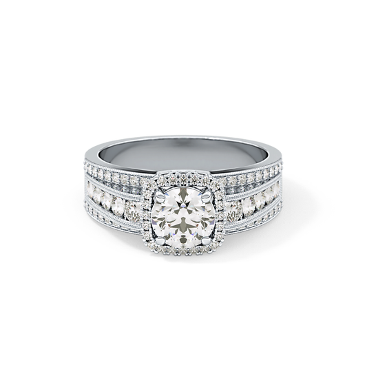 Round Cut 0.79 Carat Moissanite Ring – Halo and Triple Pave Setting in Gold