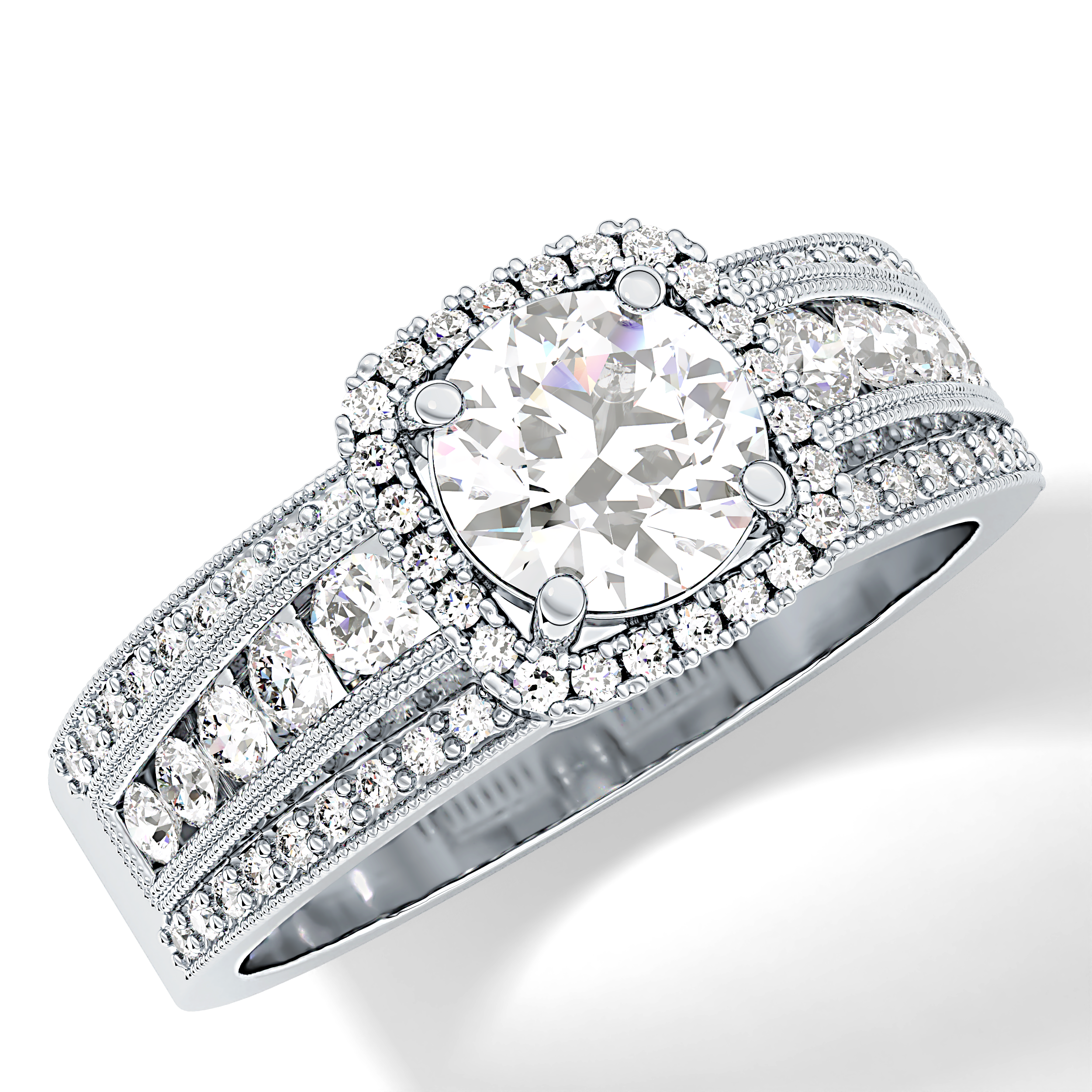 Round Cut 0.79 Carat Moissanite Ring – Halo and Triple Pave Setting in Gold