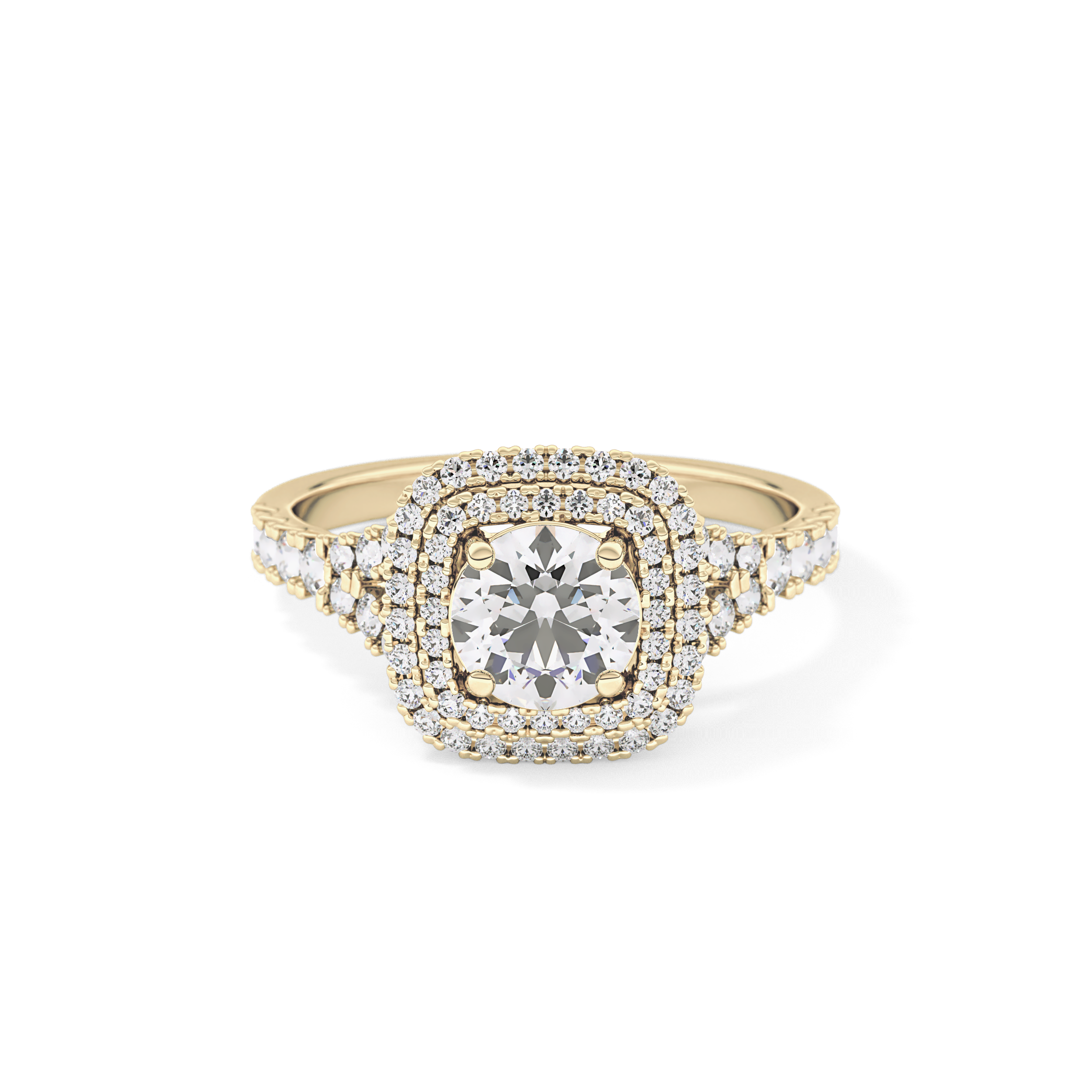 Round Cut 0.79 Carat Moissanite Ring – Double Halo and Pave Setting in Gold
