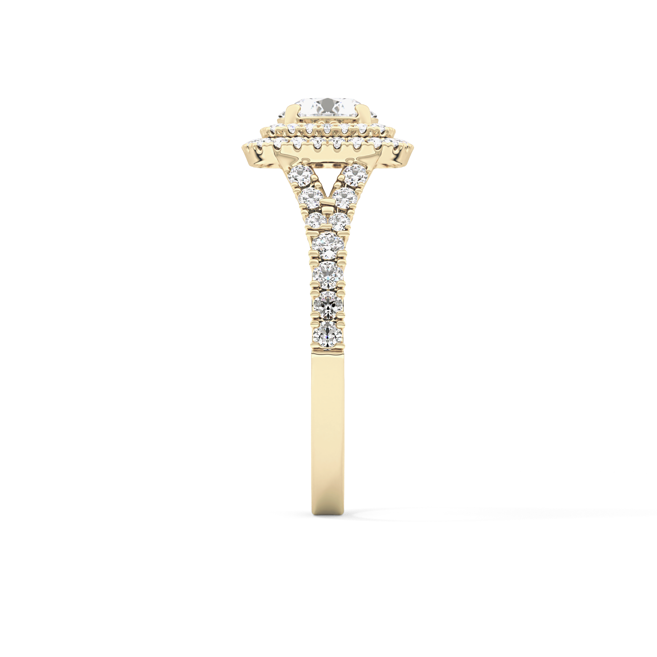 Round Cut 0.79 Carat Moissanite Ring – Double Halo and Pave Setting in Gold