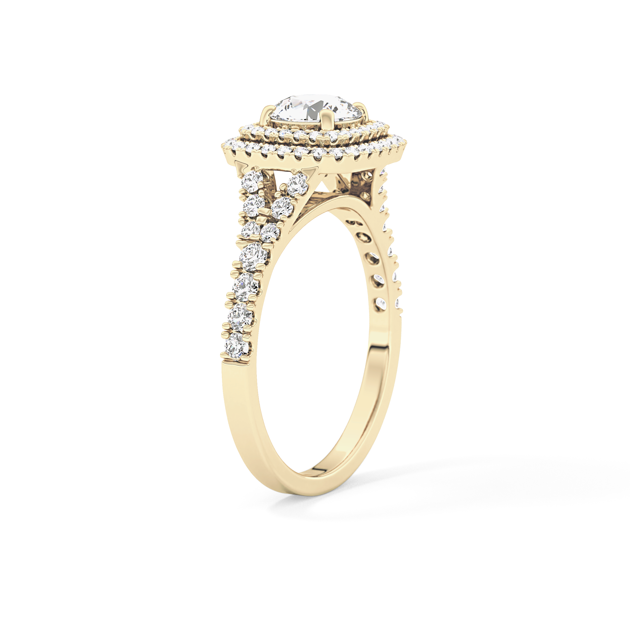 Round Cut 0.79 Carat Moissanite Ring – Double Halo and Pave Setting in Gold