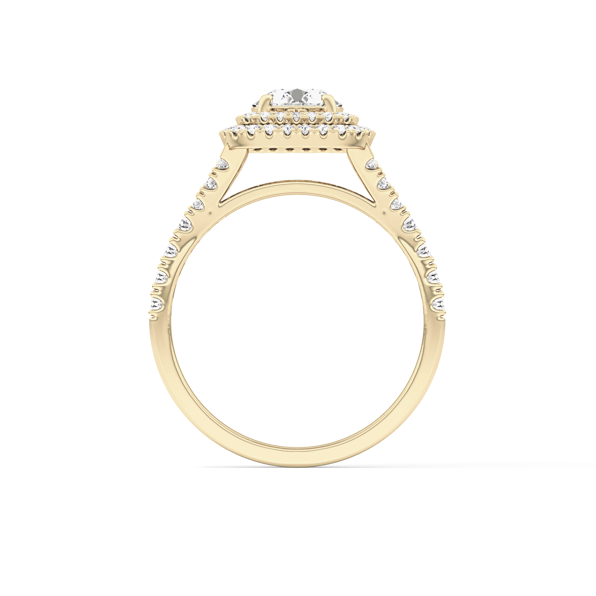 Round Cut 0.79 Carat Moissanite Ring – Double Halo and Pave Setting in Gold