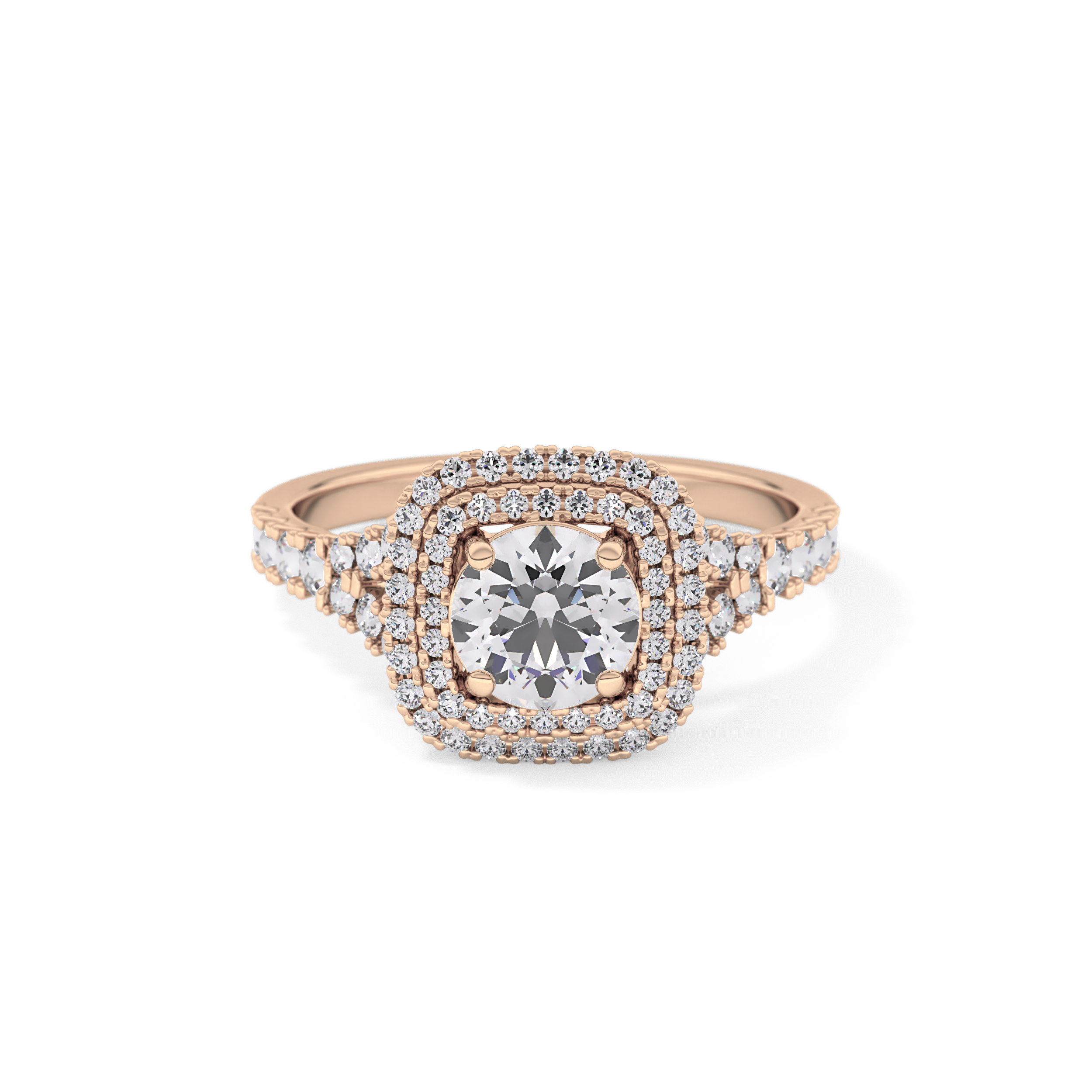 Round Cut 0.79 Carat Moissanite Ring – Double Halo and Pave Setting in Gold