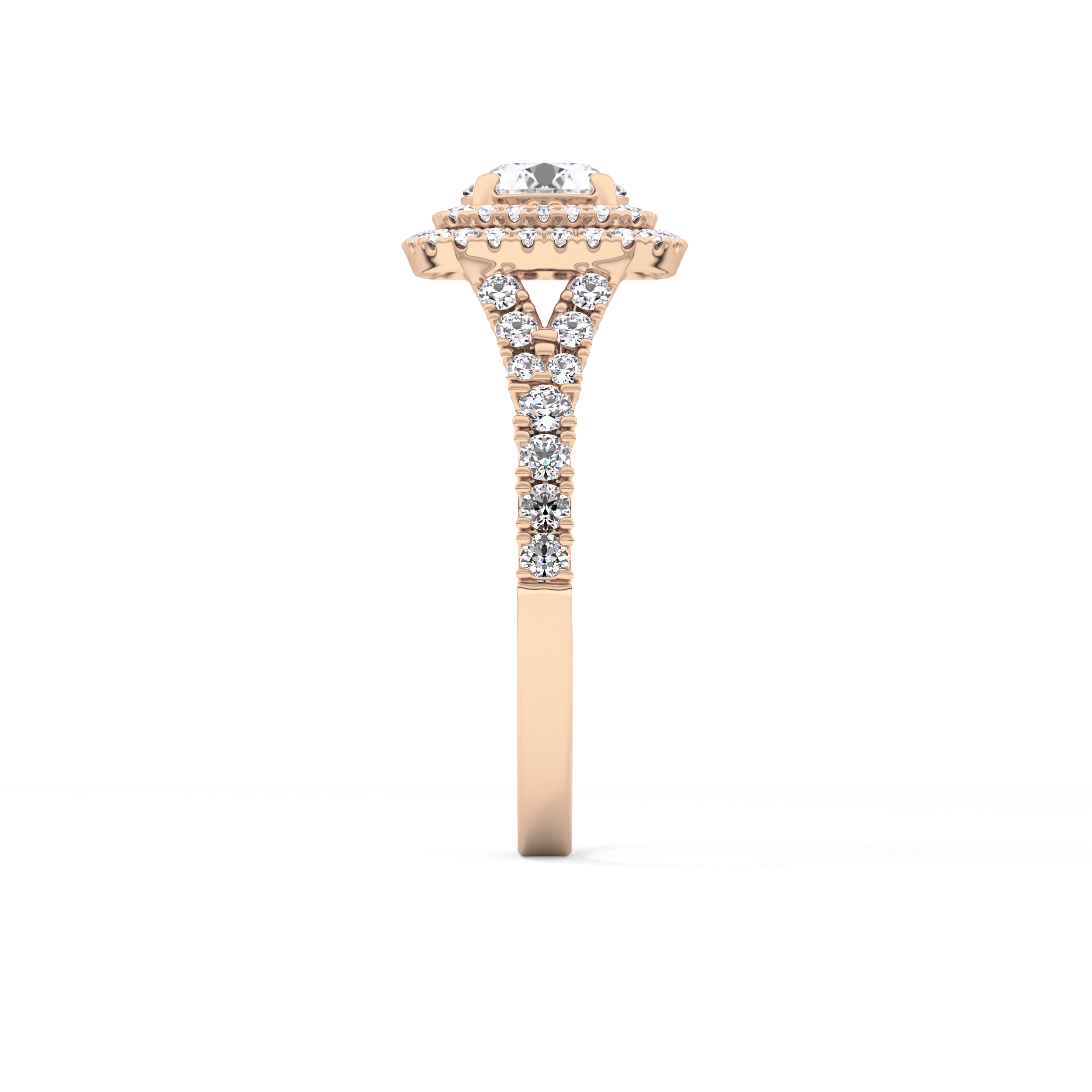Round Cut 0.79 Carat Moissanite Ring – Double Halo and Pave Setting in Gold